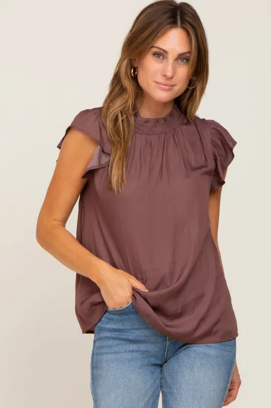 Brown Mock Neck Flutter Blouse sold by Pinkblush
