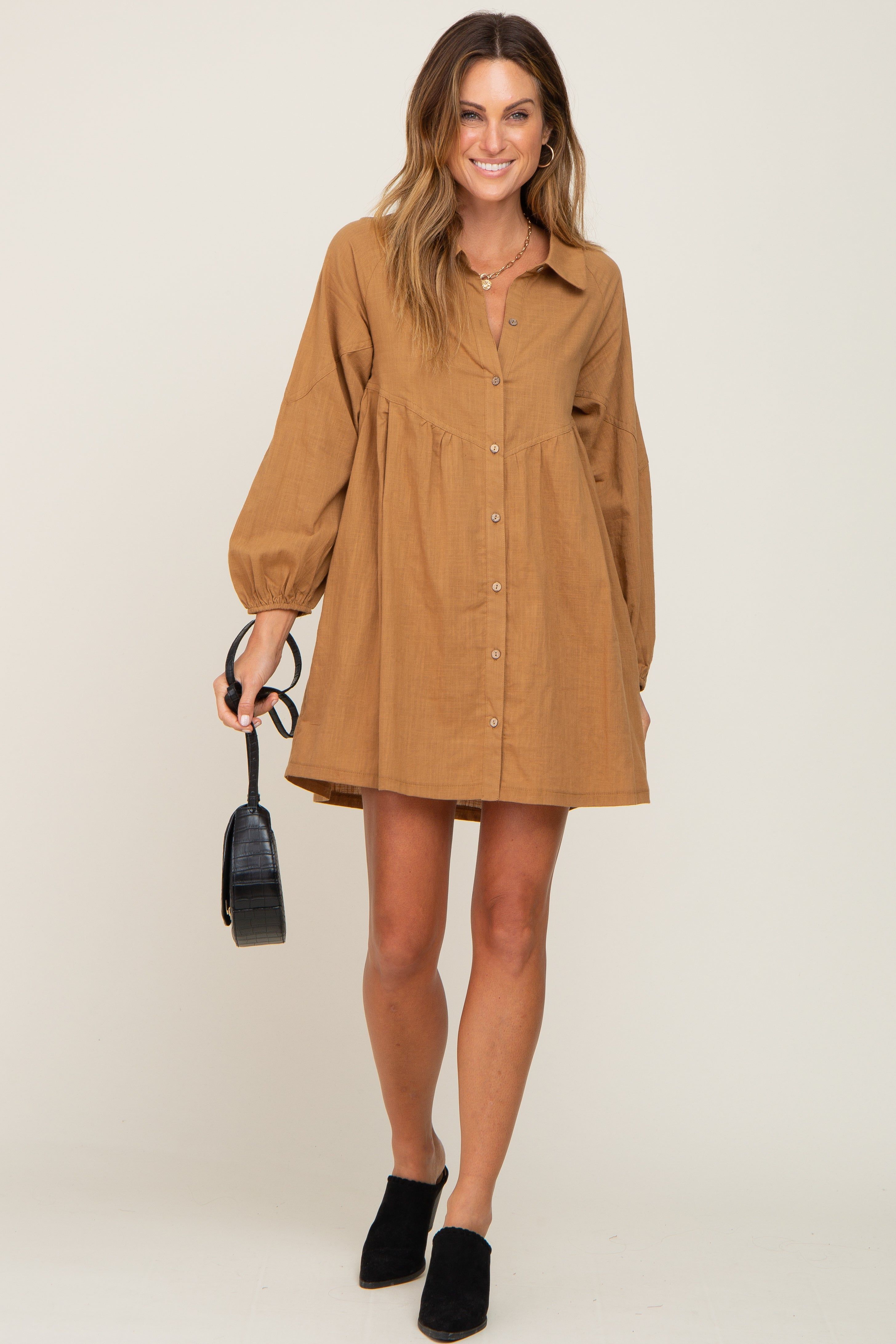 Camel Button Down Mini Dress sold by Pinkblush product image thumbnail 4