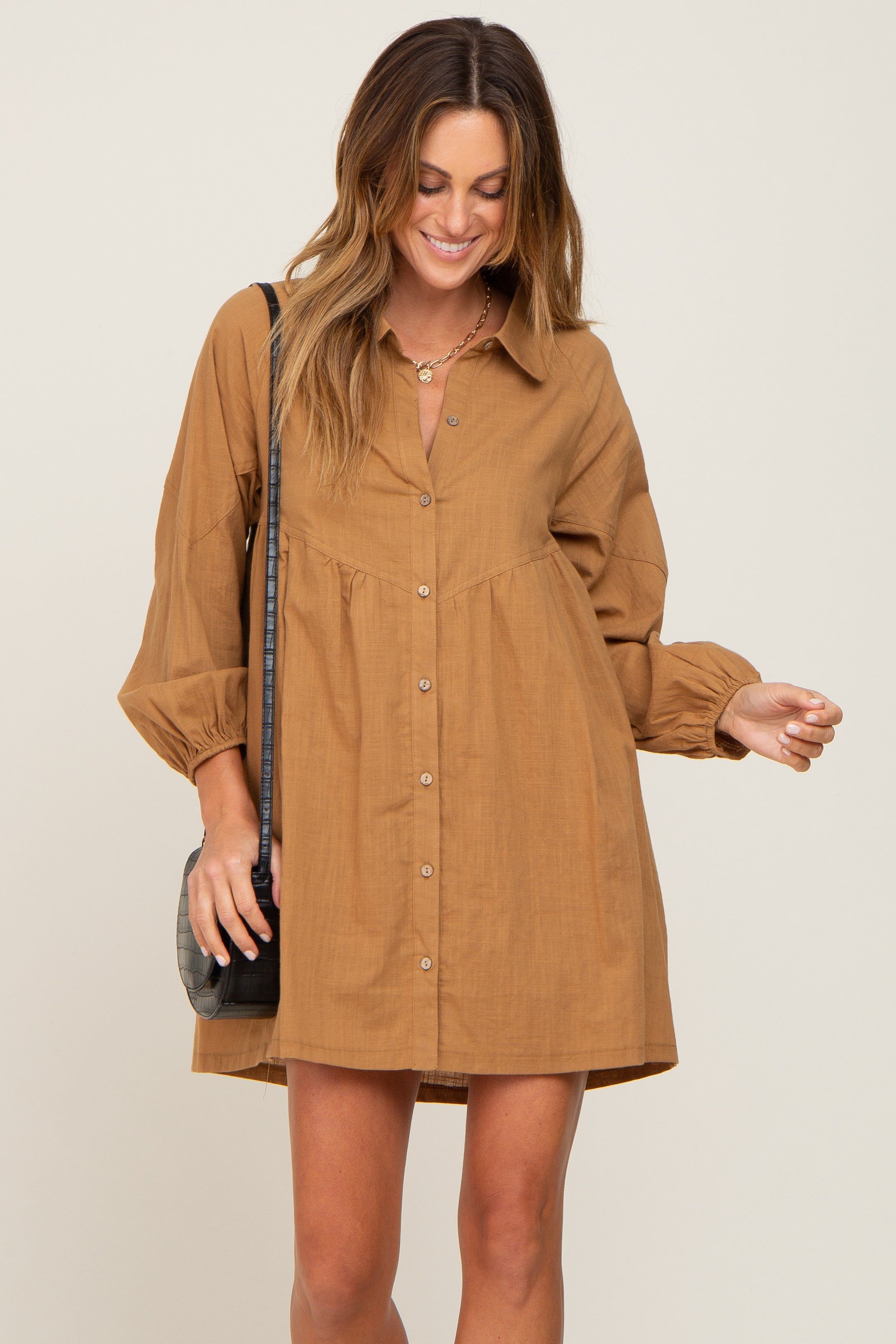 Camel Button Down Mini Dress sold by Pinkblush