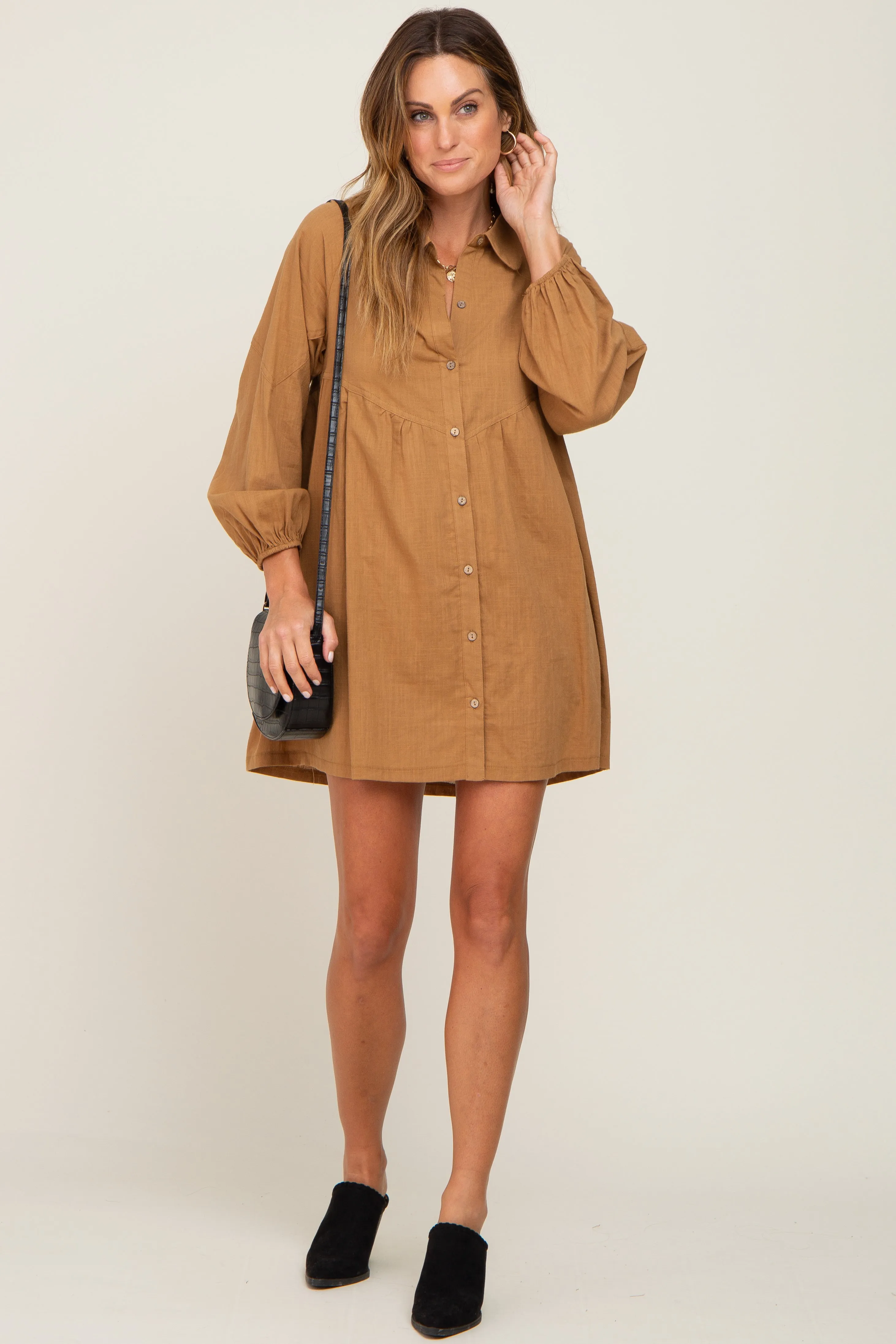 Camel Button Down Mini Dress sold by Pinkblush product image thumbnail 5