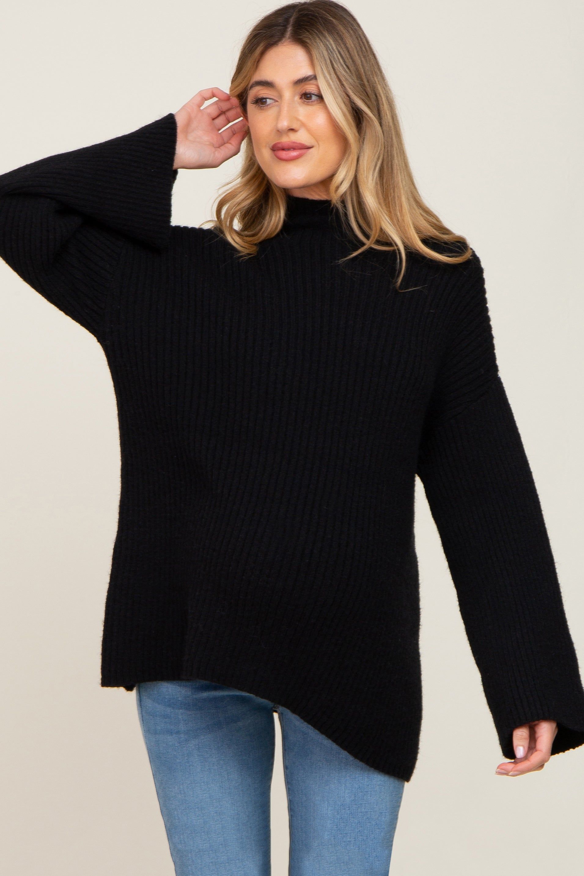 Black Rib Knit Mock Neck Maternity Sweater sold by Pinkblush product image thumbnail 2