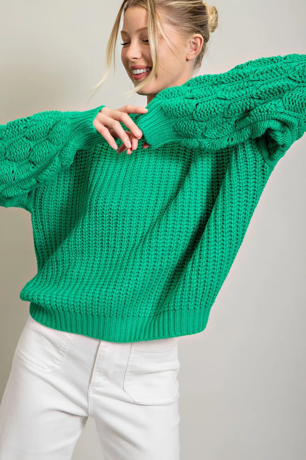 Green Cable Knit Sleeve Sweater sold by Pinkblush