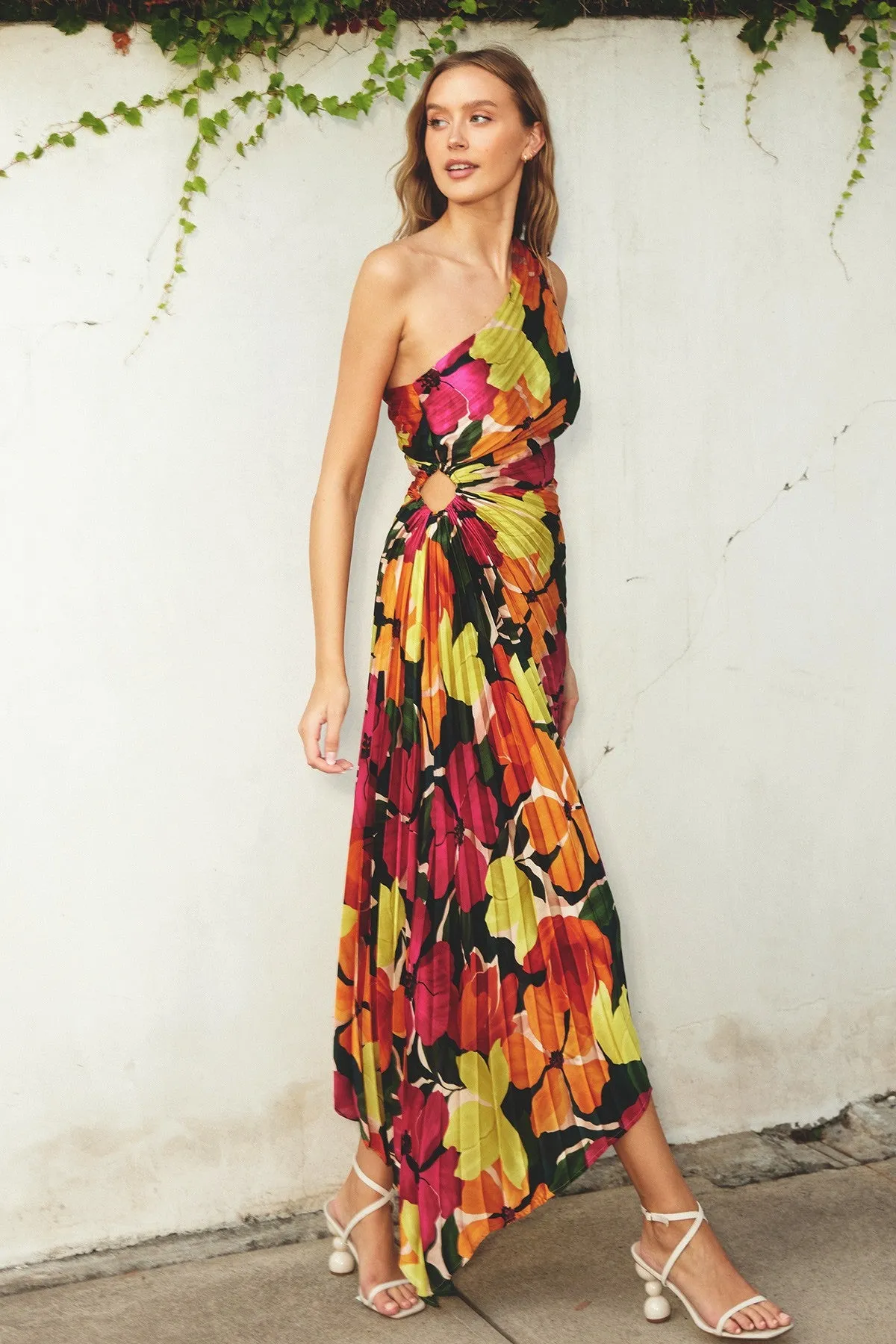 Fuchsia Floral Satin Pleated One Shoulder Asymmetrical Midi Dress sold by Pinkblush product image thumbnail 2