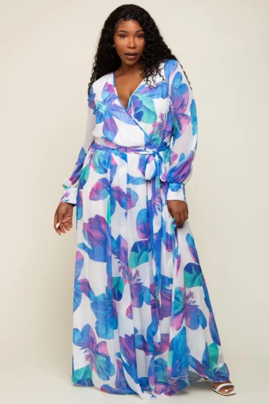 Blue Floral Chiffon Plus Maxi Dress sold by Pinkblush