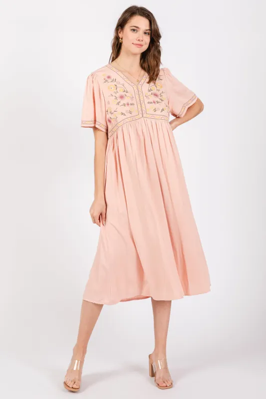 Peach Short Sleeve V-Neck Midi Dress sold by Pinkblush