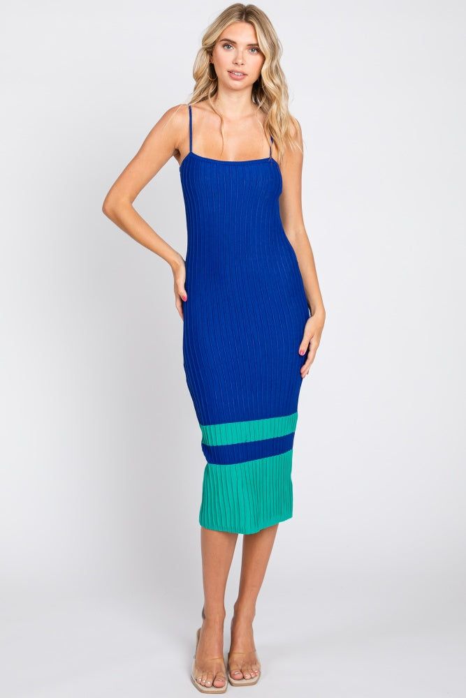 Royal Blue Colorblock Knit Fitted Midi Dress sold by Pinkblush