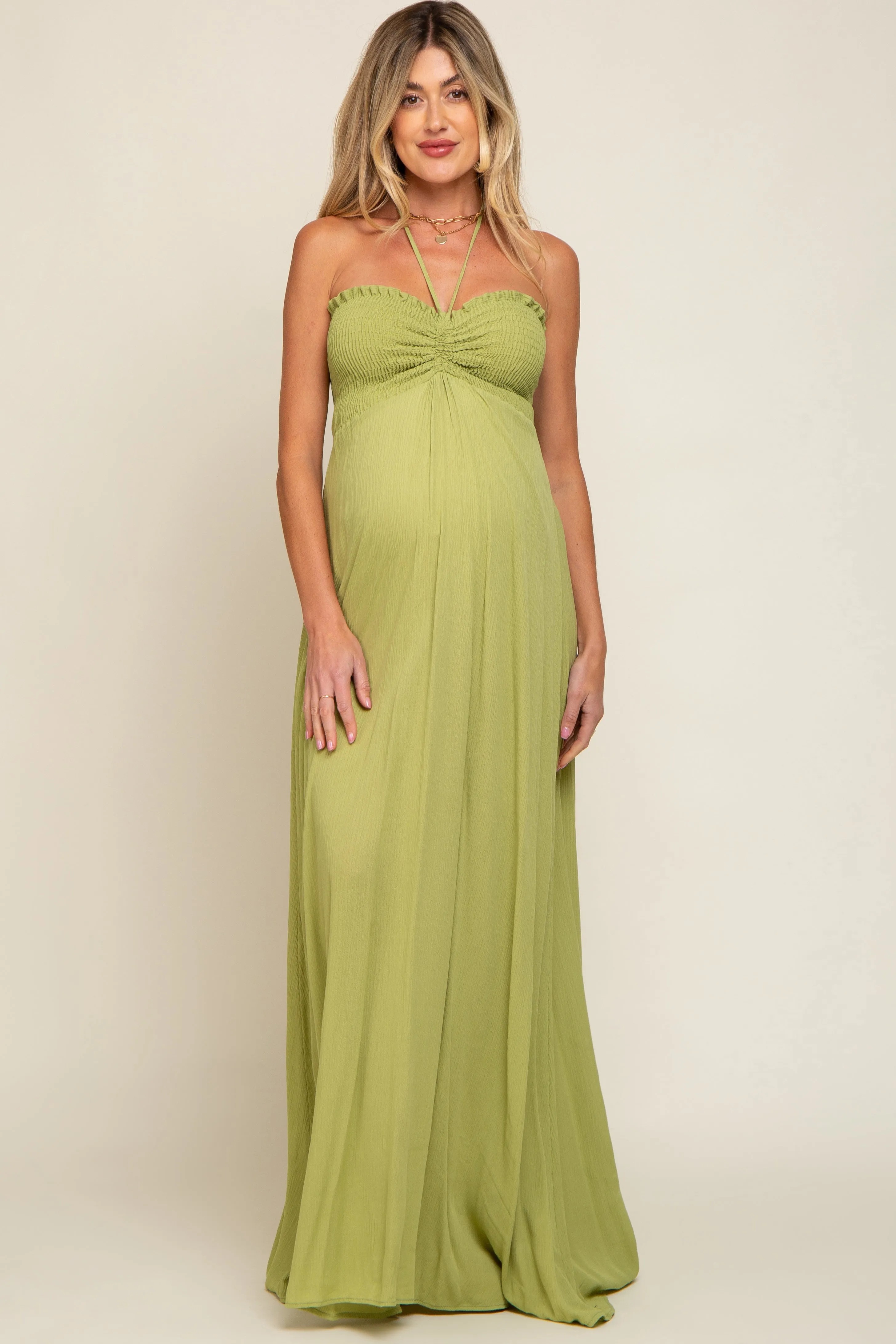 Lime Smocked Halter Maternity Maxi Dress sold by Pinkblush