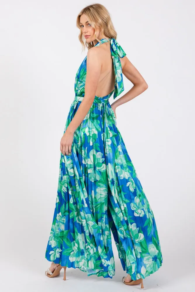 Blue Floral Pleated Halter Jumpsuit sold by Pinkblush product image thumbnail 3