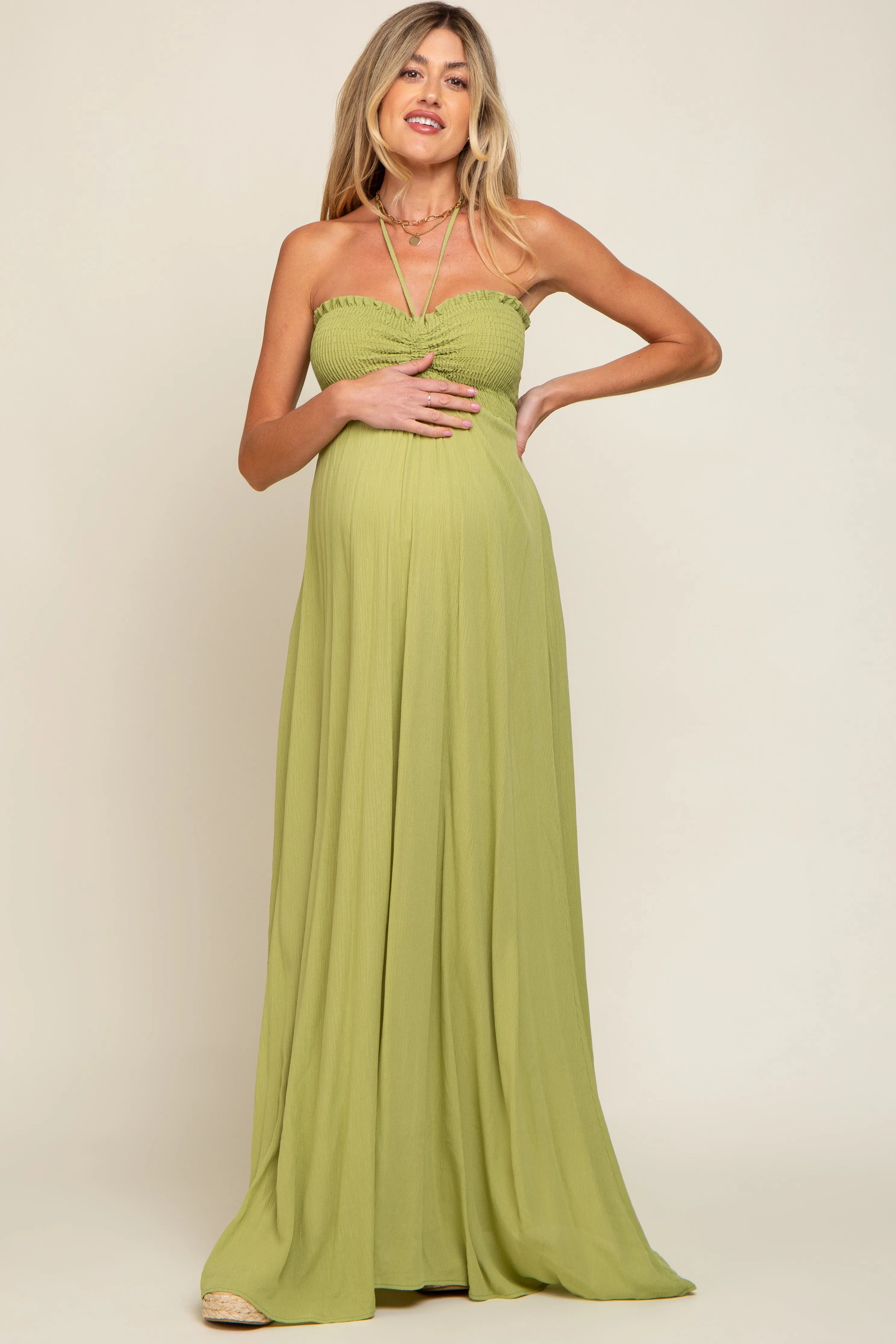 Lime Smocked Halter Maternity Maxi Dress sold by Pinkblush product image thumbnail 4