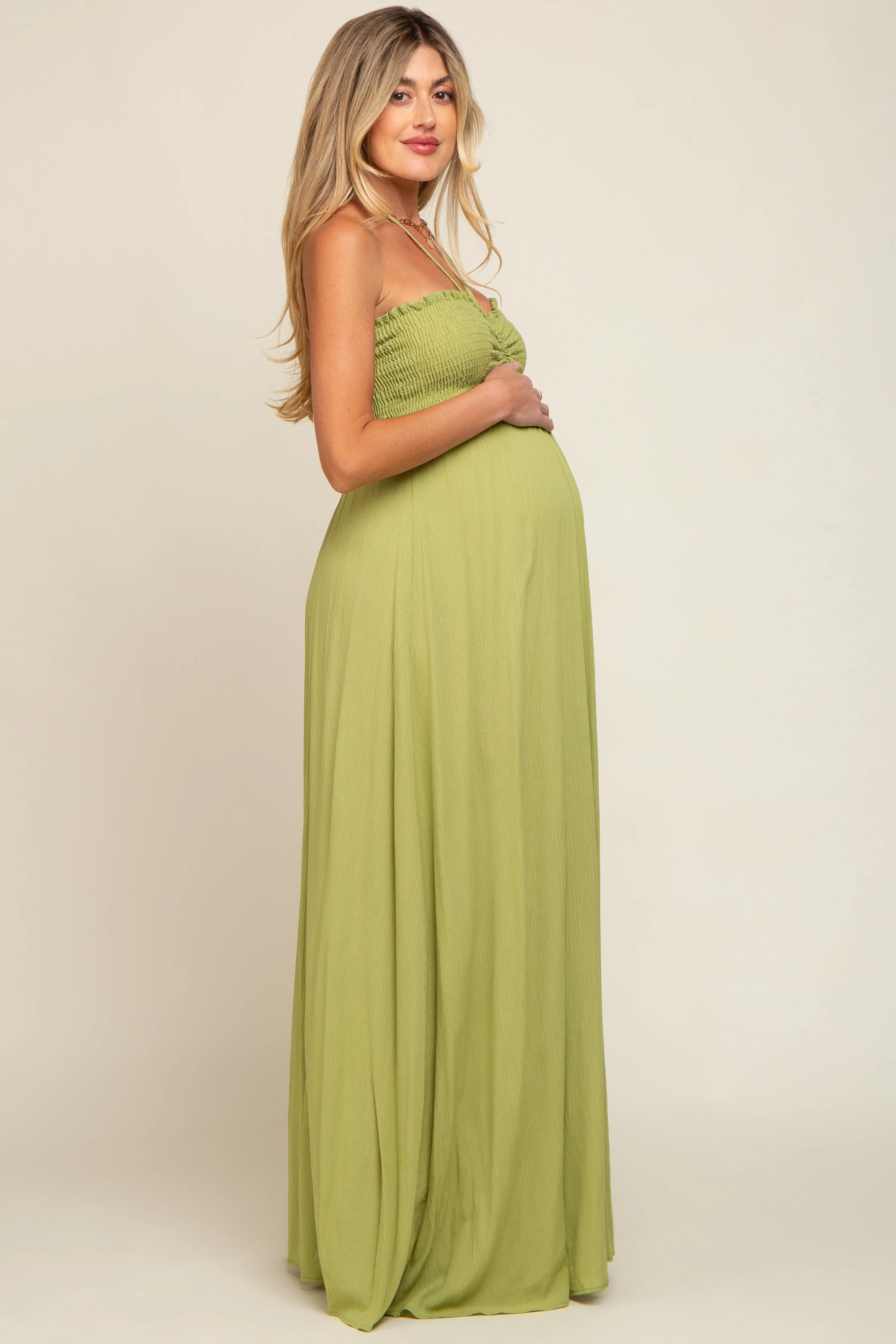 Lime Smocked Halter Maternity Maxi Dress sold by Pinkblush product image thumbnail 2