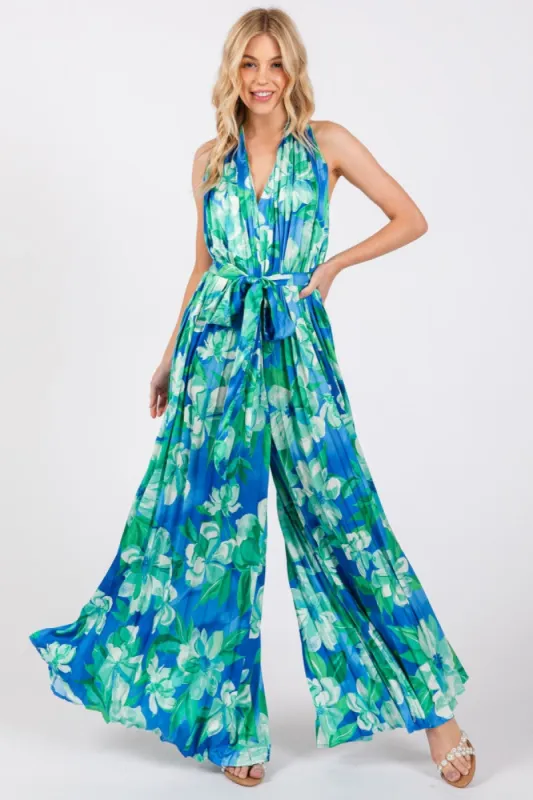 Blue Floral Pleated Halter Jumpsuit sold by Pinkblush