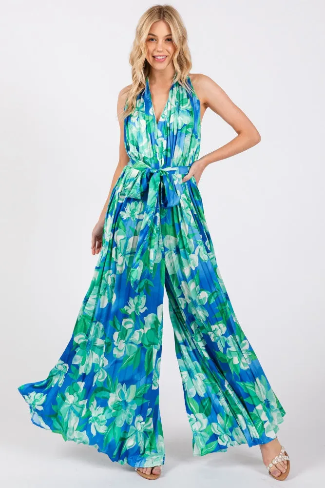 Blue Floral Pleated Halter Jumpsuit sold by Pinkblush