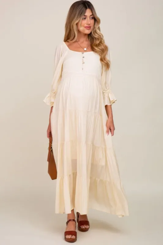 Cream Square Neck Button Front 3/4 Bell Sleeve Maternity Maxi Dress sold by Pinkblush