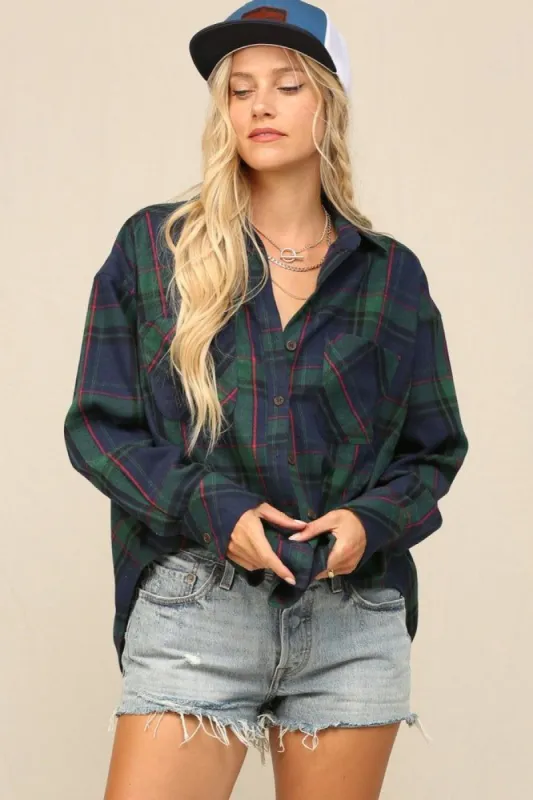 Green Combo Slouchy Plaid Button Down Shirt sold by Pinkblush
