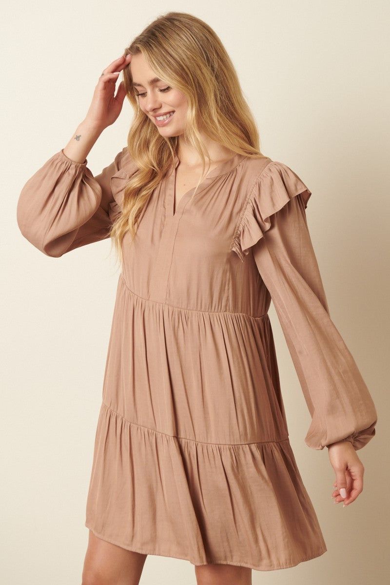 Taupe Satin Ruffle Detail Babydoll Dress sold by Pinkblush product image thumbnail 4