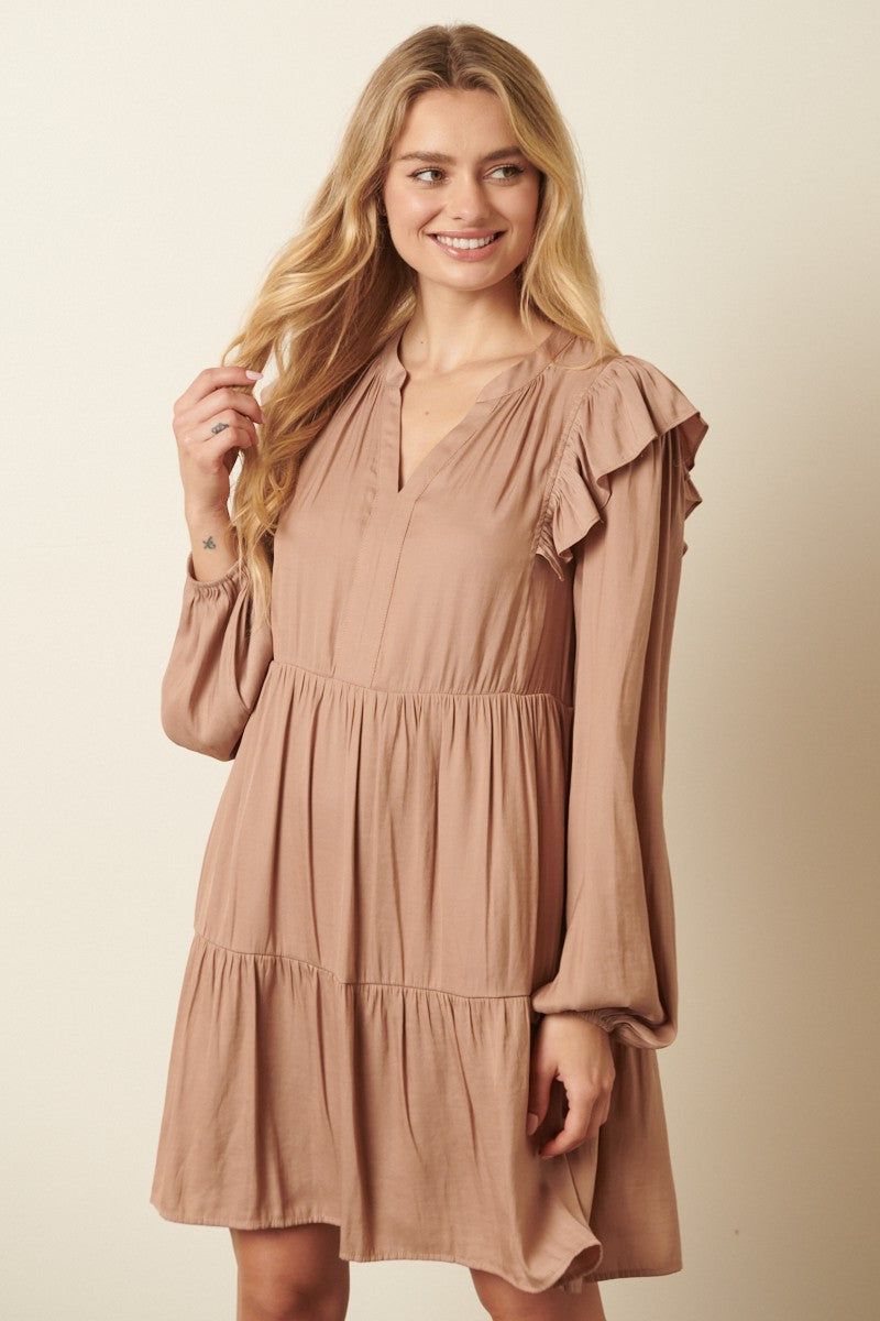 Taupe Satin Ruffle Detail Babydoll Dress sold by Pinkblush