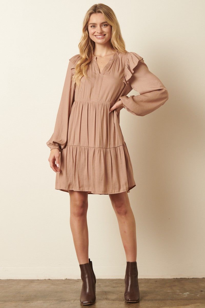 Taupe Satin Ruffle Detail Babydoll Dress sold by Pinkblush product image thumbnail 5