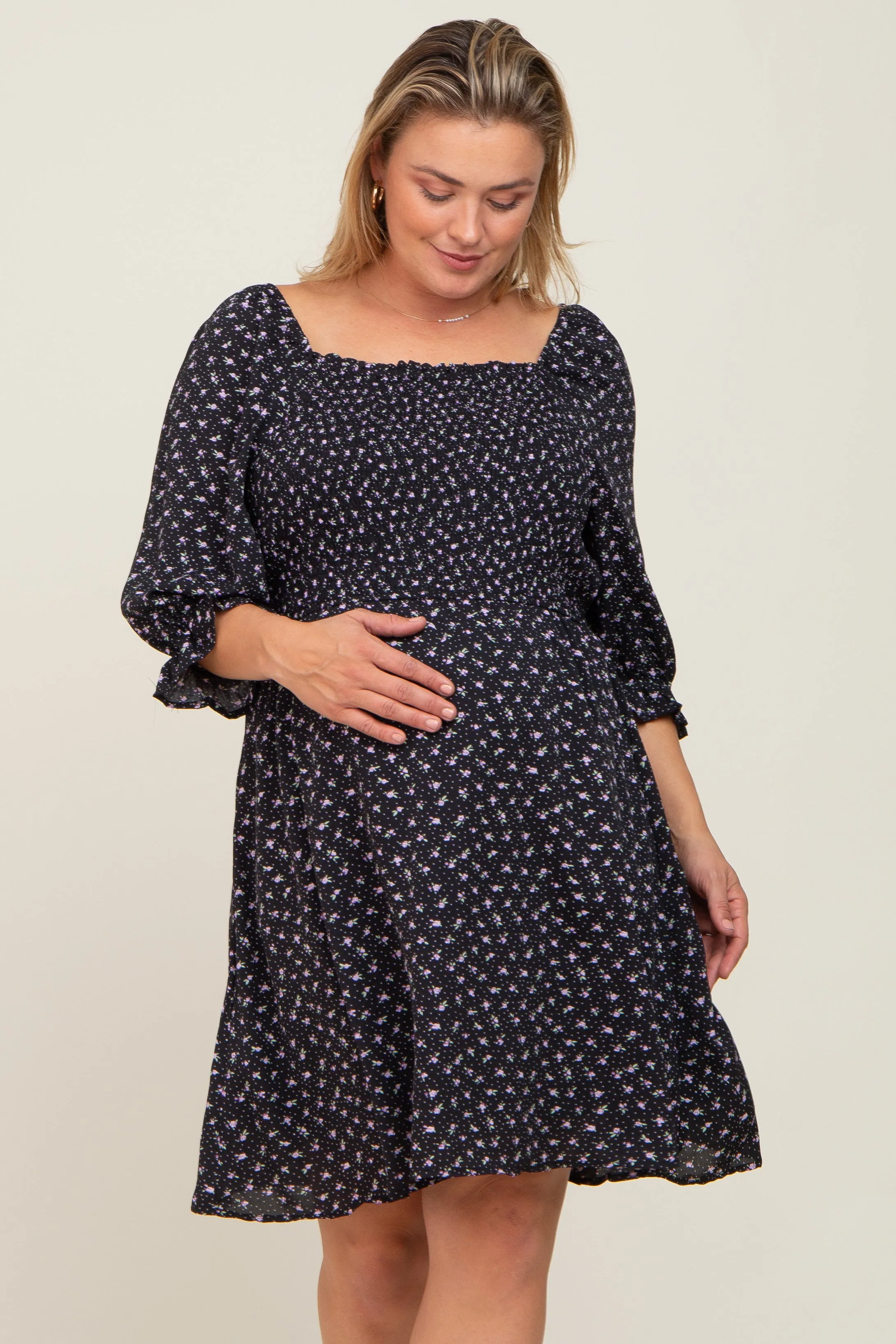 Black Floral Square Neck Plus Maternity Dress sold by Pinkblush product image thumbnail 2