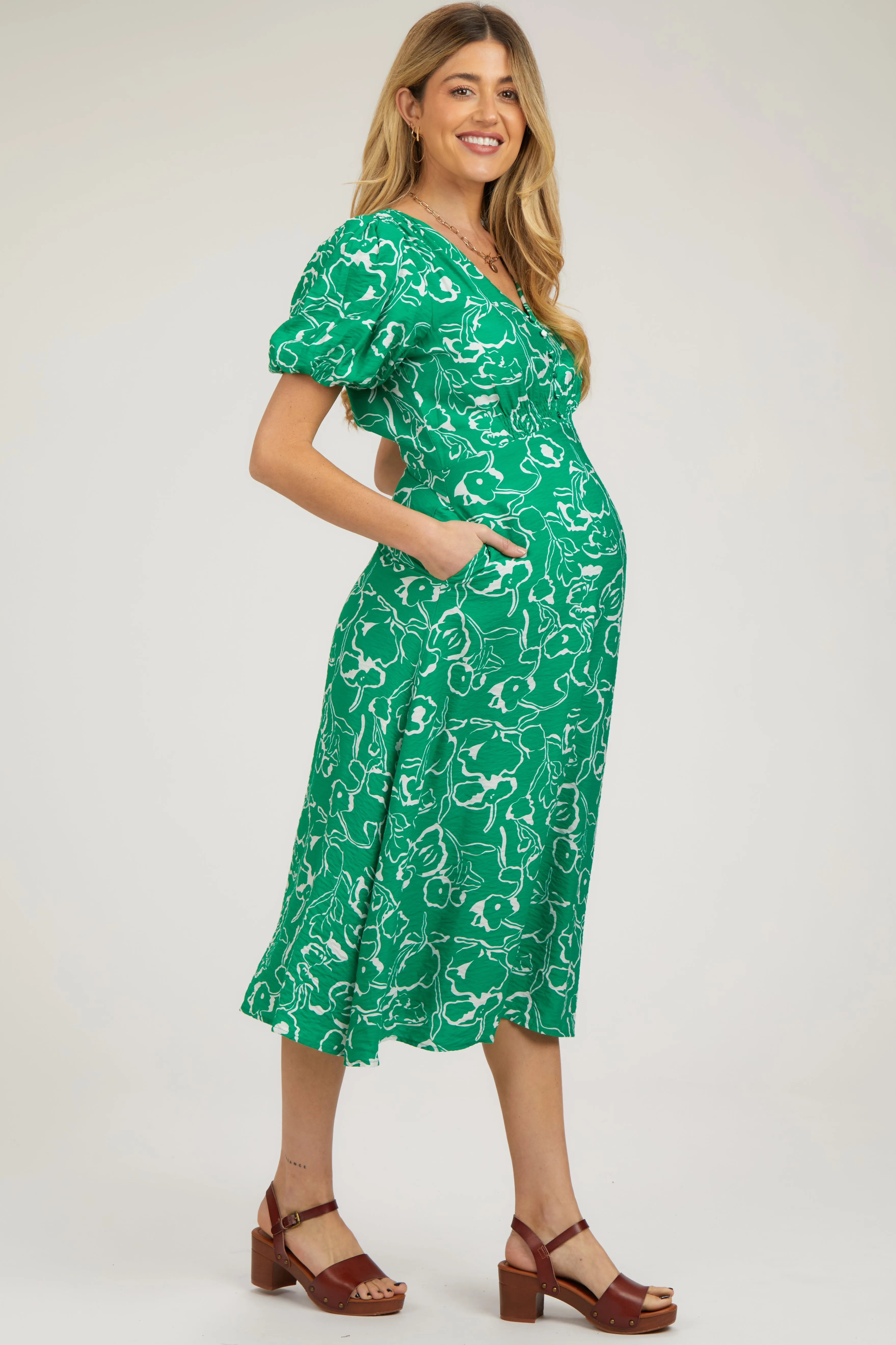 Green Floral Button Front Short Sleeve Maternity Midi Dress sold by Pinkblush product image thumbnail 2