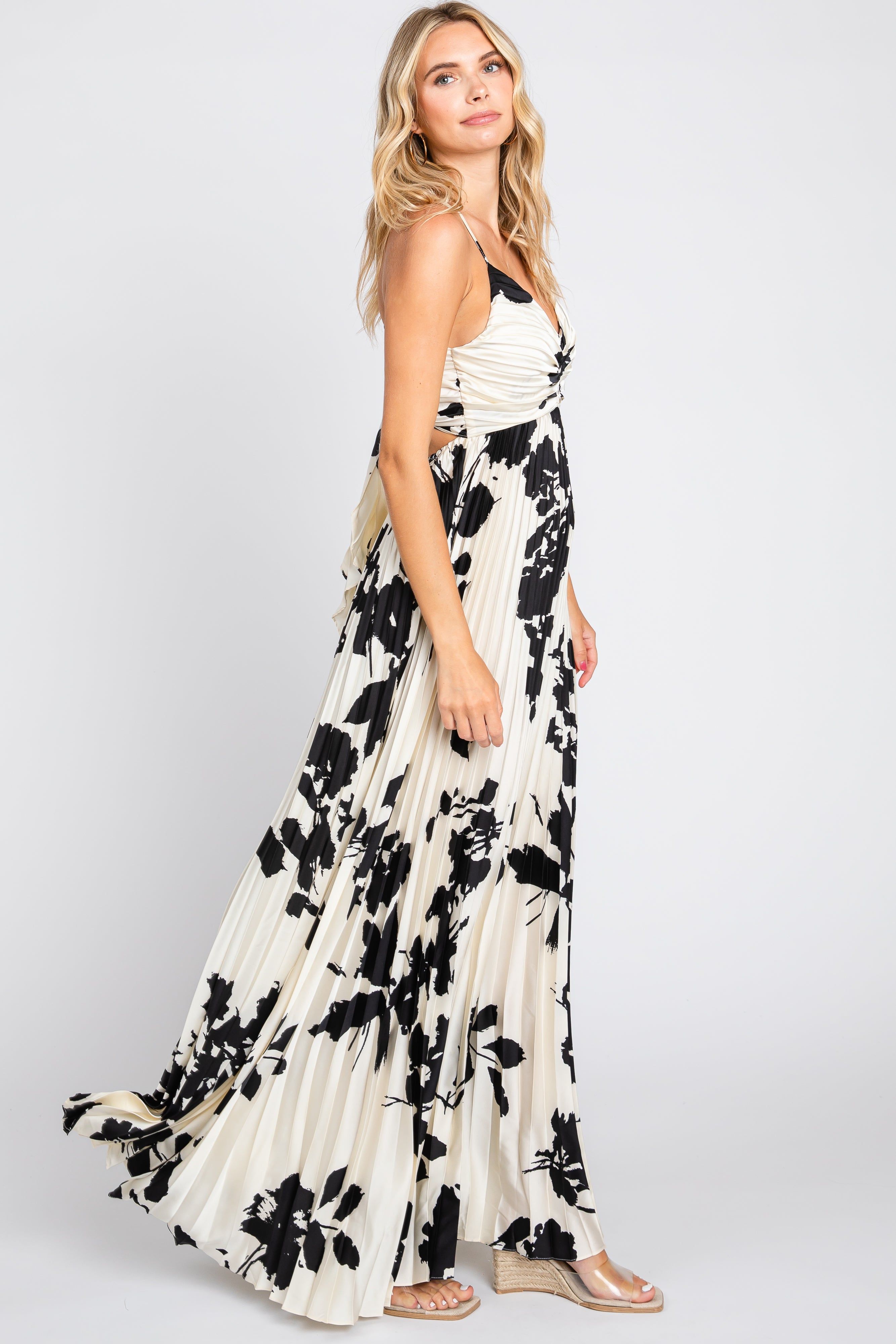 Ivory Floral Satin Pleated Cutout Gown sold by Pinkblush product image thumbnail 2