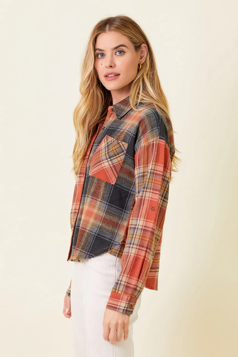 Orange Black Frayed Hem Color Blocked Check Shirt sold by Pinkblush product image thumbnail 2