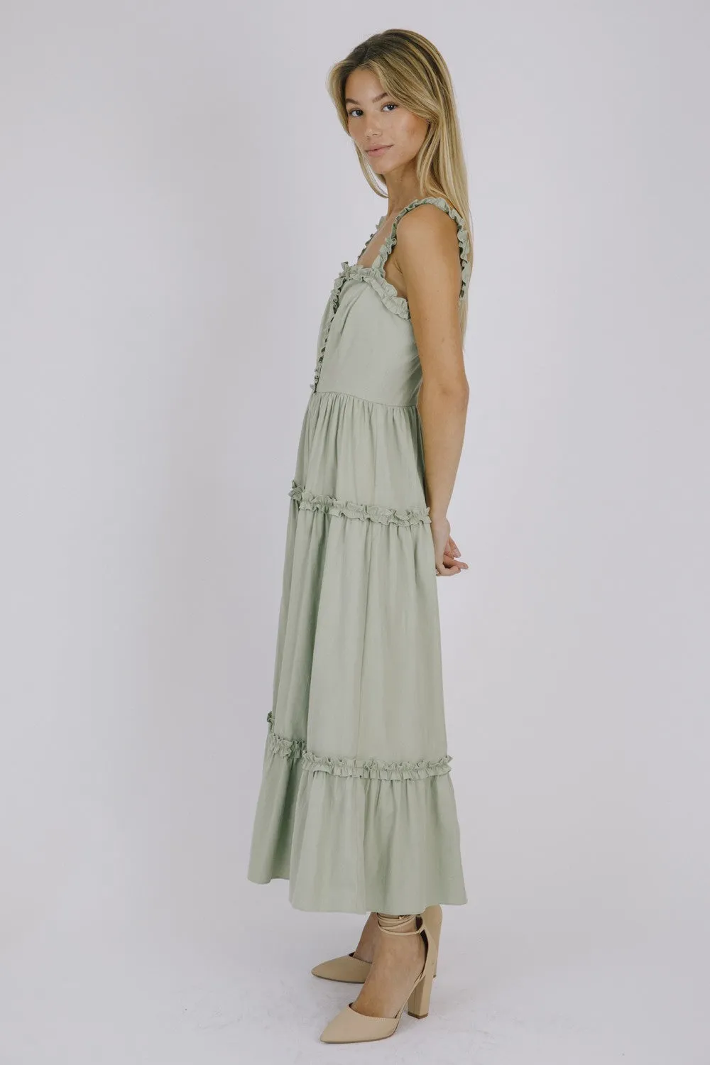 Sage Monochromatic Ruffled Trim Midi Dress sold by Pinkblush product image thumbnail 2