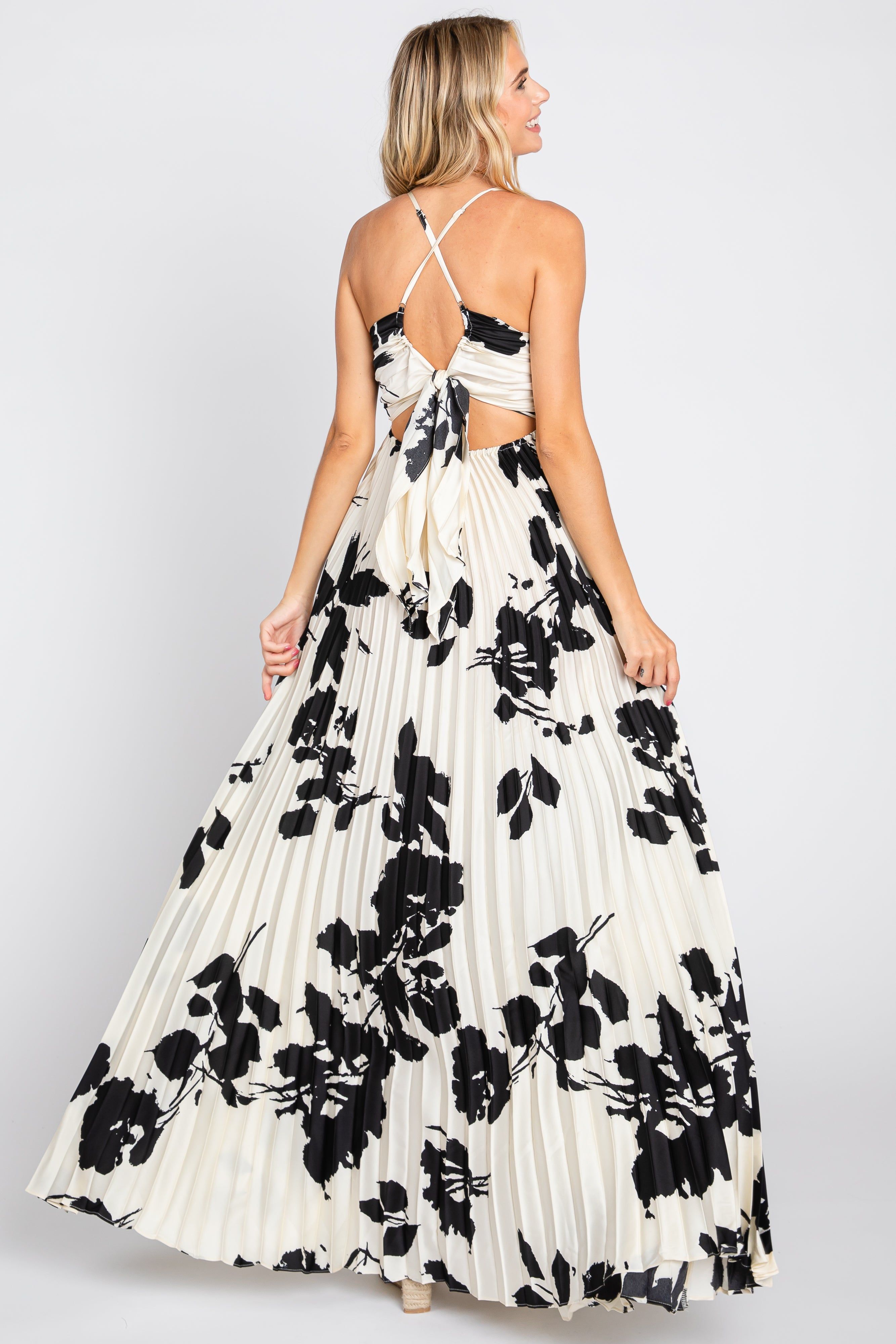 Ivory Floral Satin Pleated Cutout Gown sold by Pinkblush product image thumbnail 3