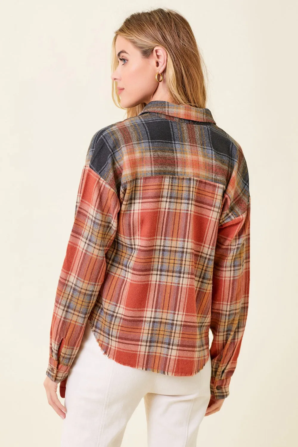 Orange Black Frayed Hem Color Blocked Check Shirt sold by Pinkblush product image thumbnail 3