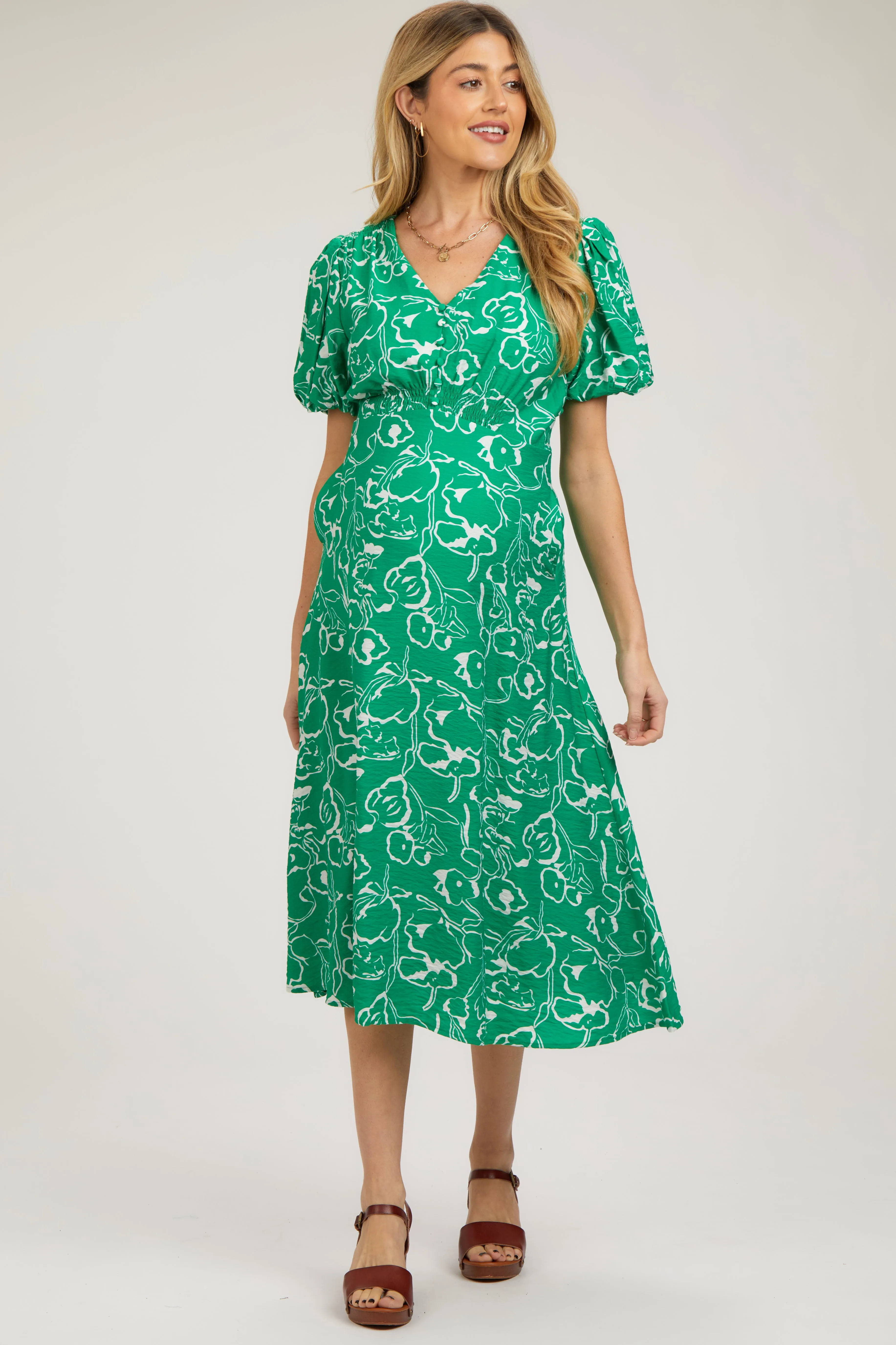 Green Floral Button Front Short Sleeve Maternity Midi Dress sold by Pinkblush