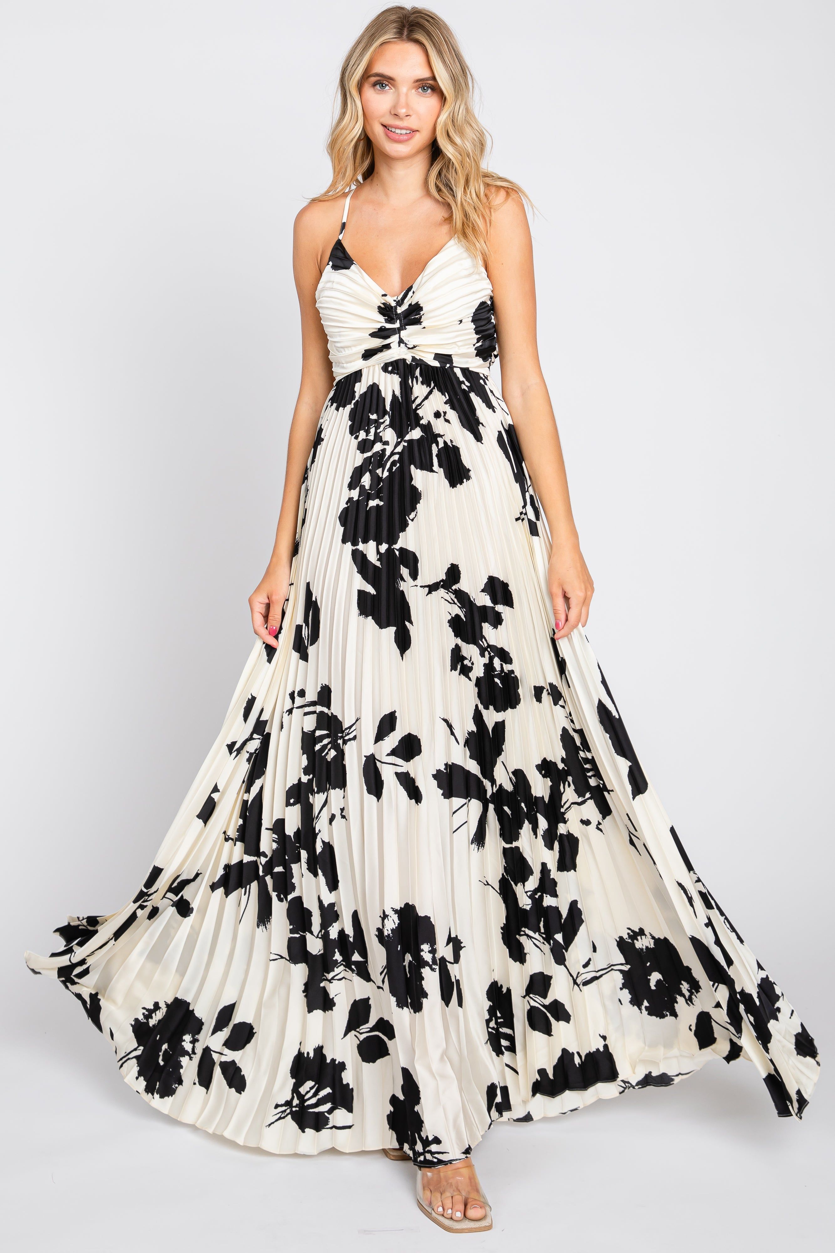 Ivory Floral Satin Pleated Cutout Gown sold by Pinkblush