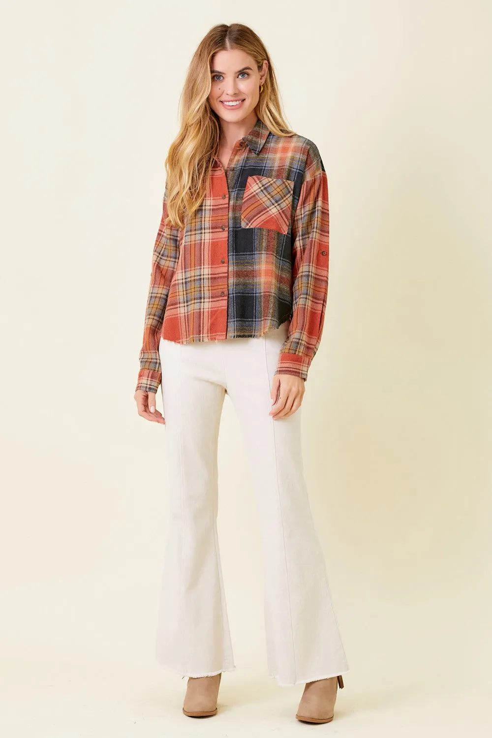 Orange Black Frayed Hem Color Blocked Check Shirt sold by Pinkblush product image thumbnail 4