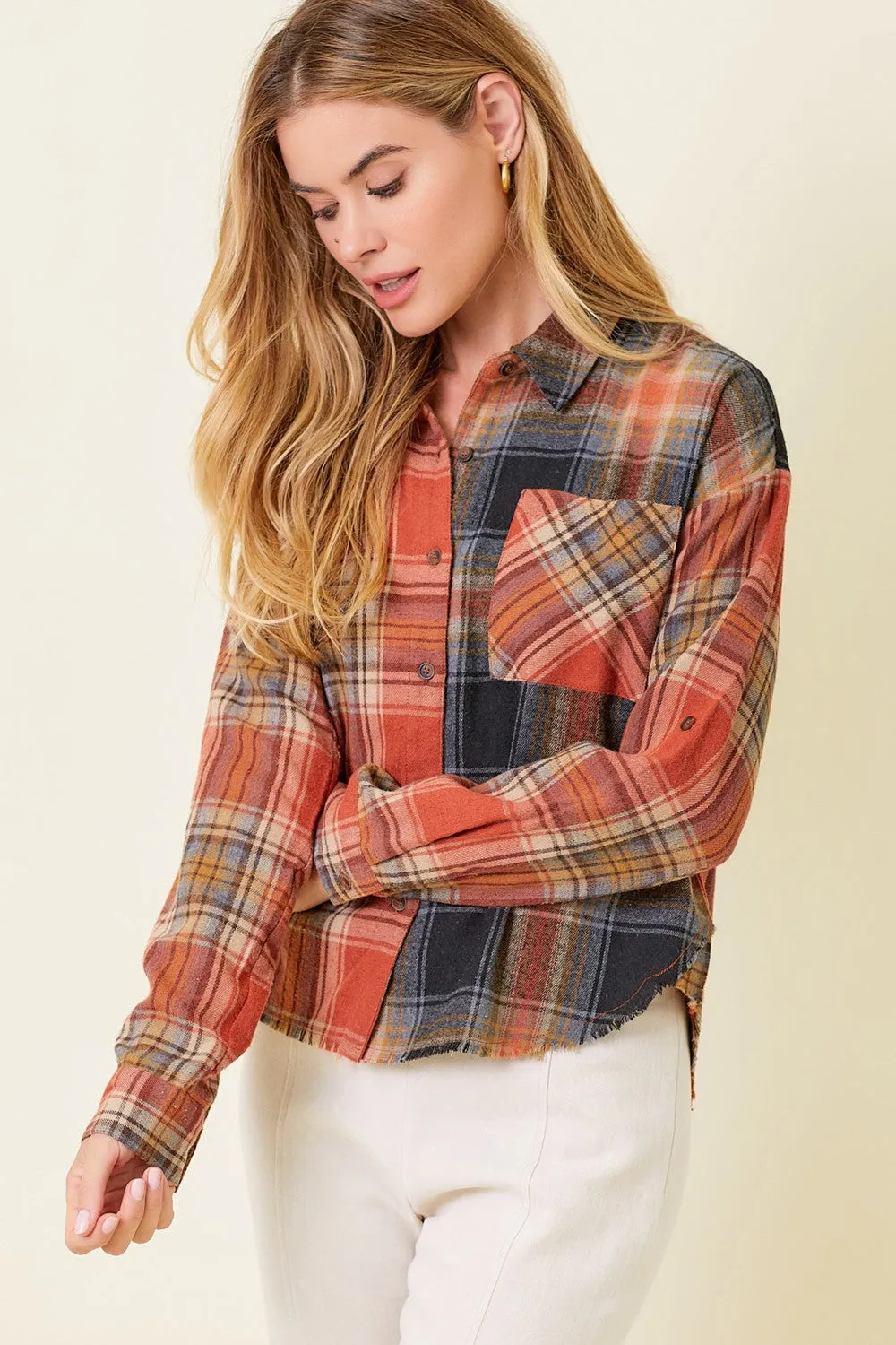 Orange Black Frayed Hem Color Blocked Check Shirt sold by Pinkblush