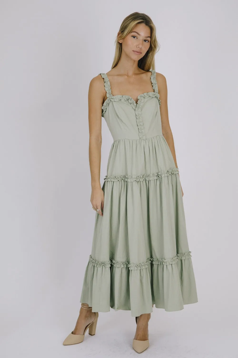 Sage Monochromatic Ruffled Trim Midi Dress sold by Pinkblush