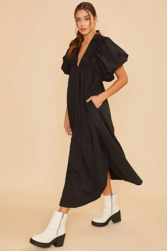 Black Smock Detail Puff Sleeve Midi Dress sold by Pinkblush