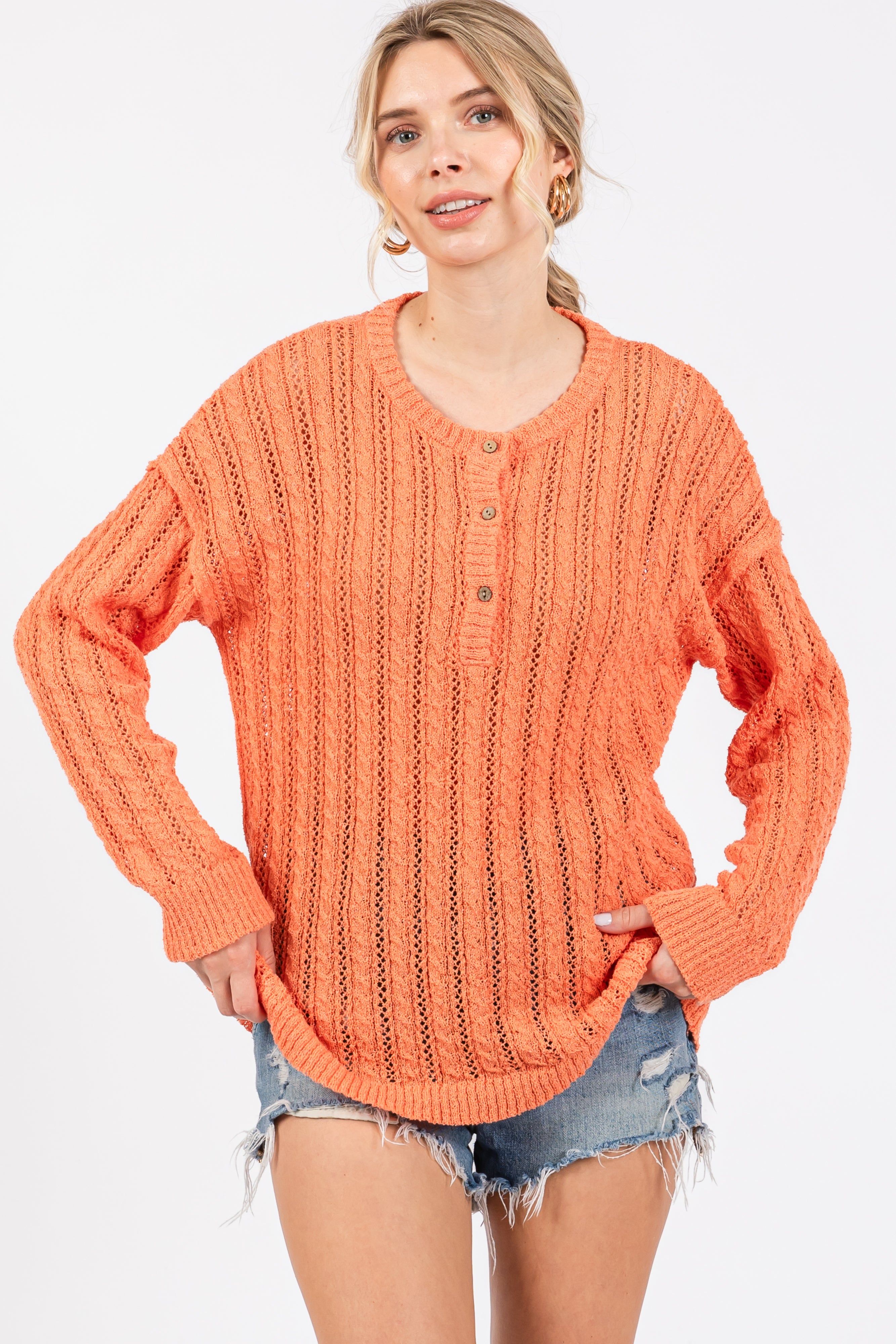 Coral Open Knit Front Button Maternity Sweater sold by Pinkblush product image thumbnail 3