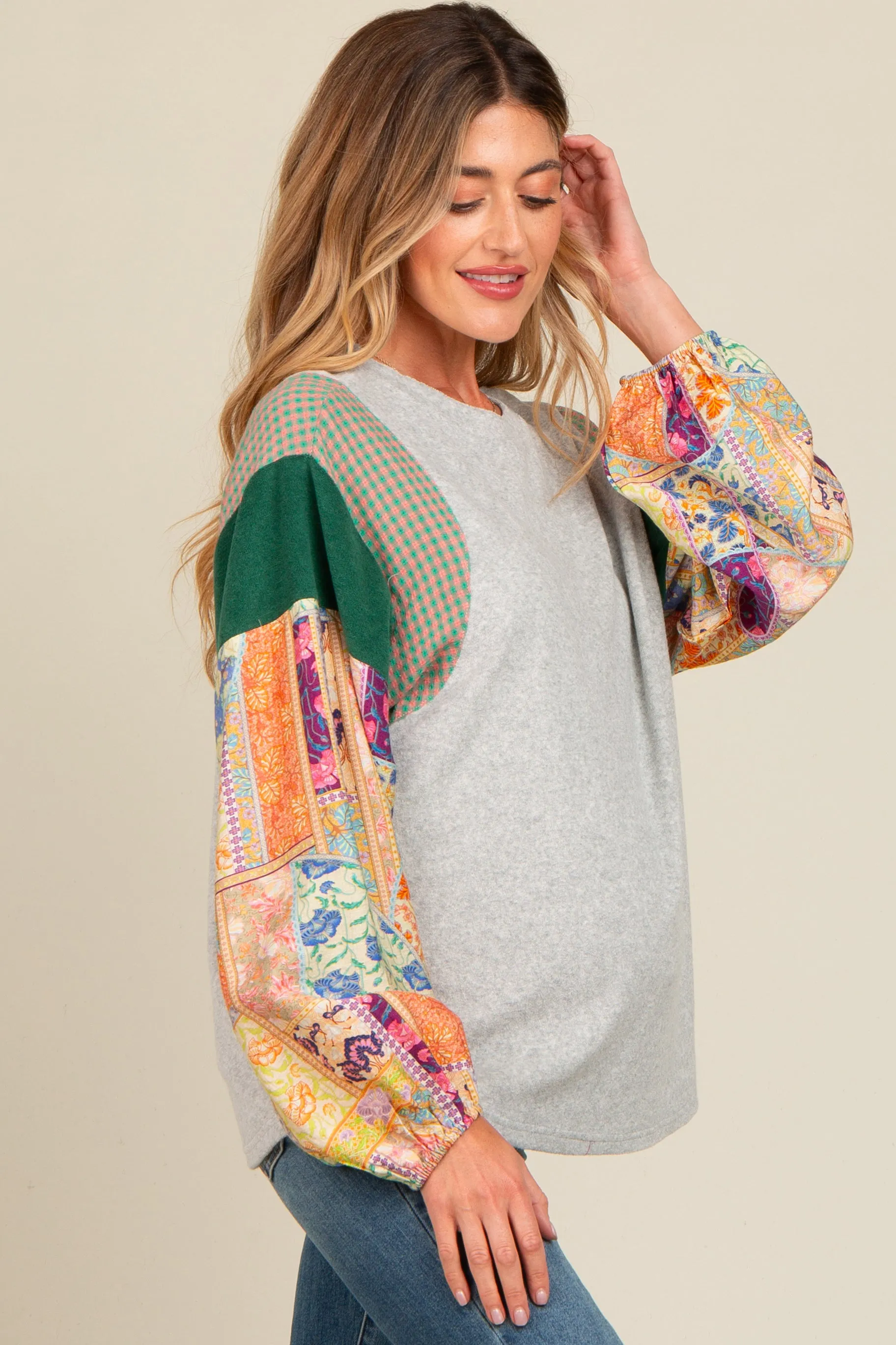 Heather Grey Mixed Print Bubble Sleeve Maternity Top sold by Pinkblush product image thumbnail 3