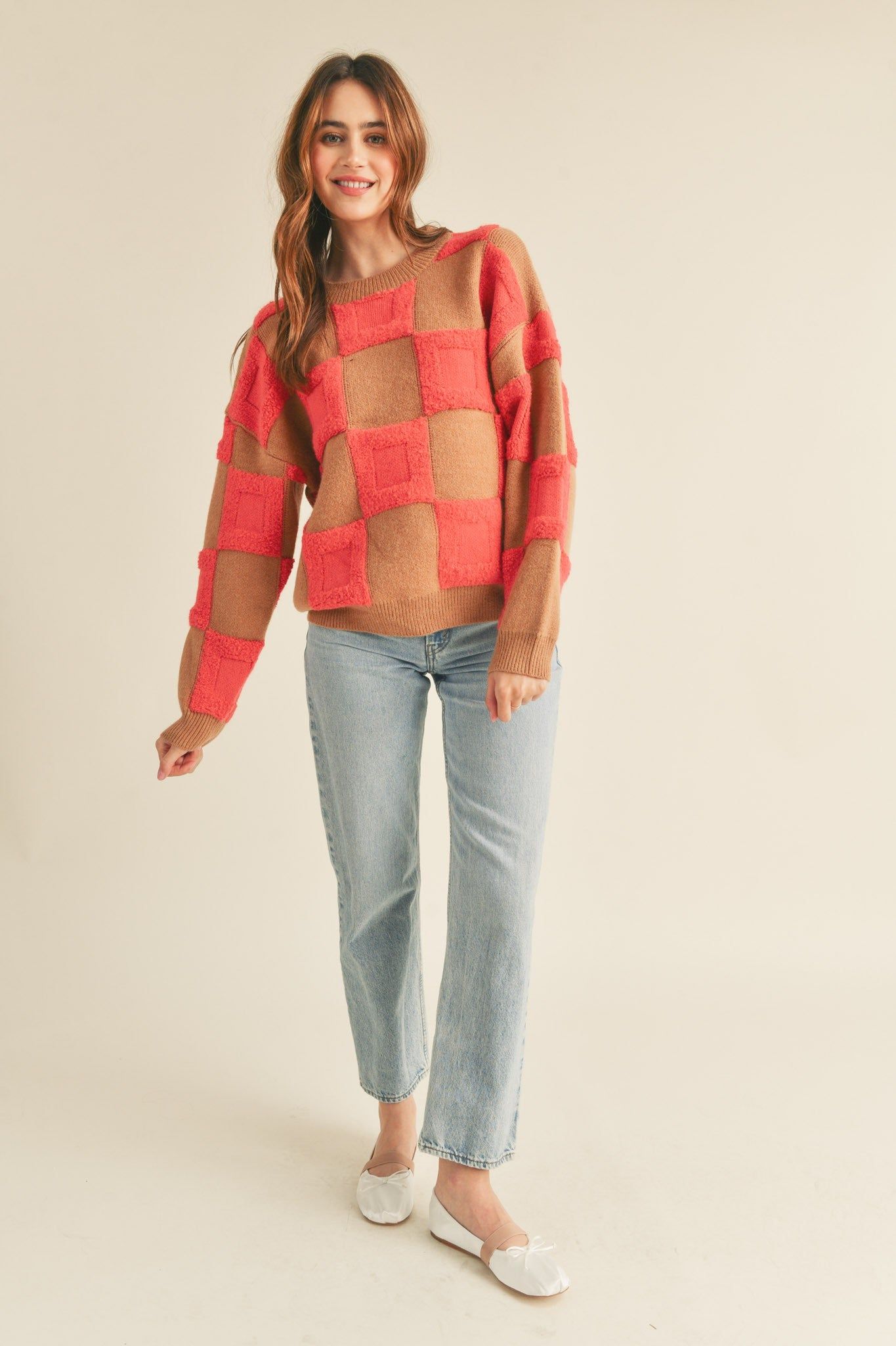 Taupe Magenta Textured Checkered Sweater Pullover sold by Pinkblush product image thumbnail 3