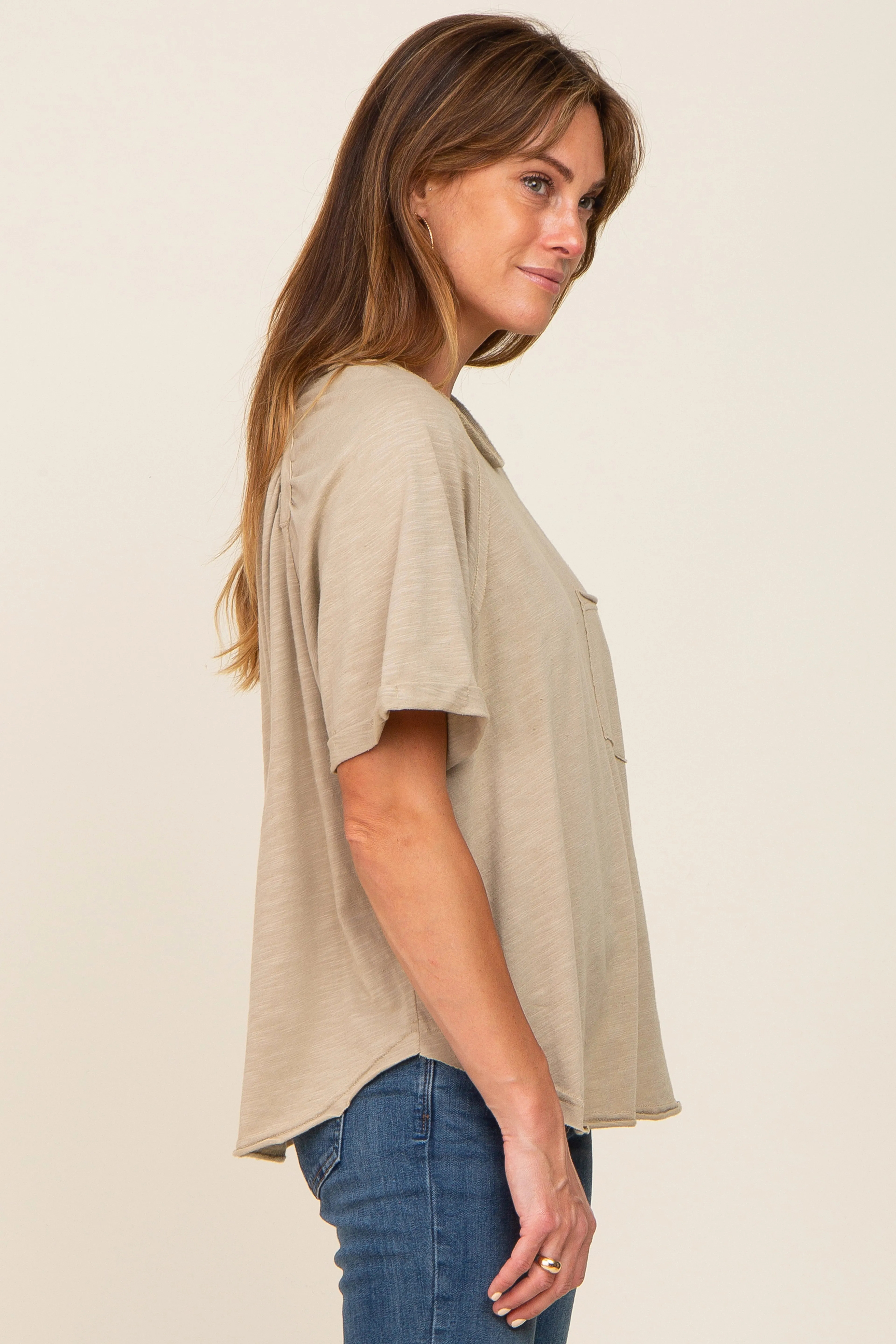 Taupe Front Pocket Raw Edge Trim Short Sleeve Top sold by Pinkblush product image thumbnail 2