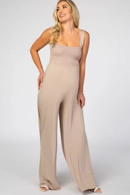 Taupe Sleeveless Wide Leg Maternity Jumpsuit sold by Pinkblush
