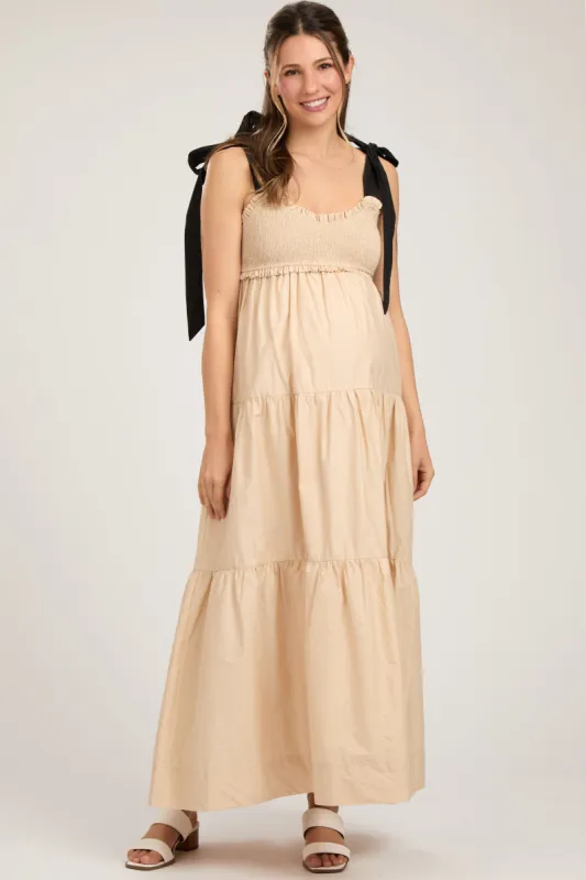 Taupe Contrast Shoulder Straps Maternity Maxi Dress sold by Pinkblush