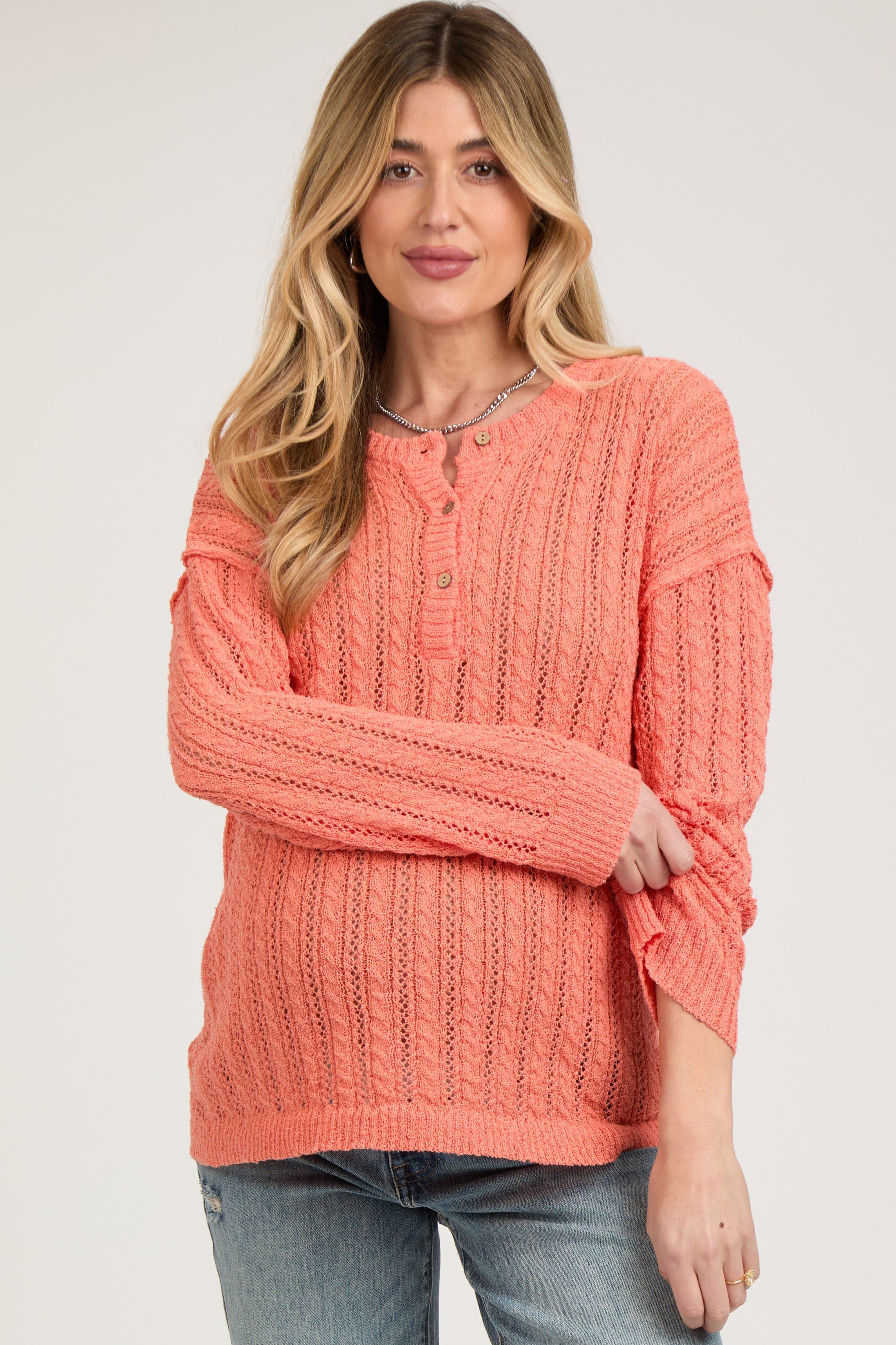 Coral Open Knit Front Button Maternity Sweater sold by Pinkblush