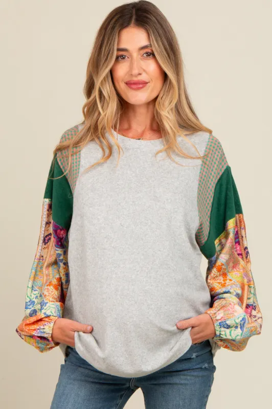 Heather Grey Mixed Print Bubble Sleeve Maternity Top sold by Pinkblush