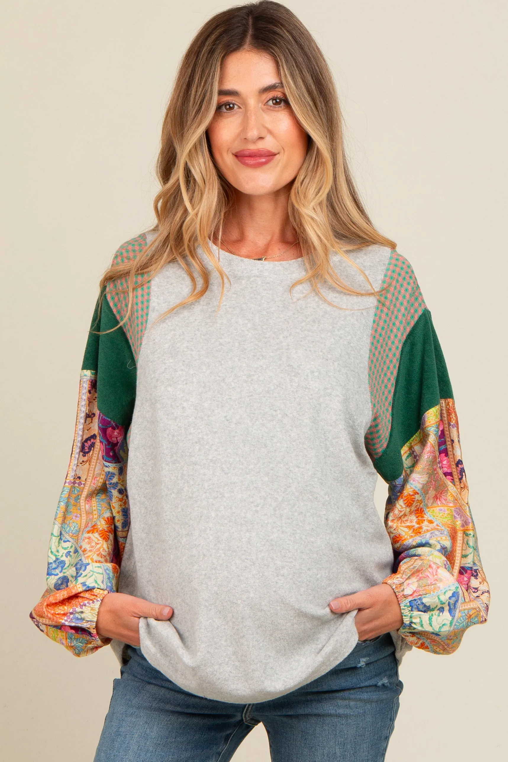 Heather Grey Mixed Print Bubble Sleeve Maternity Top sold by Pinkblush