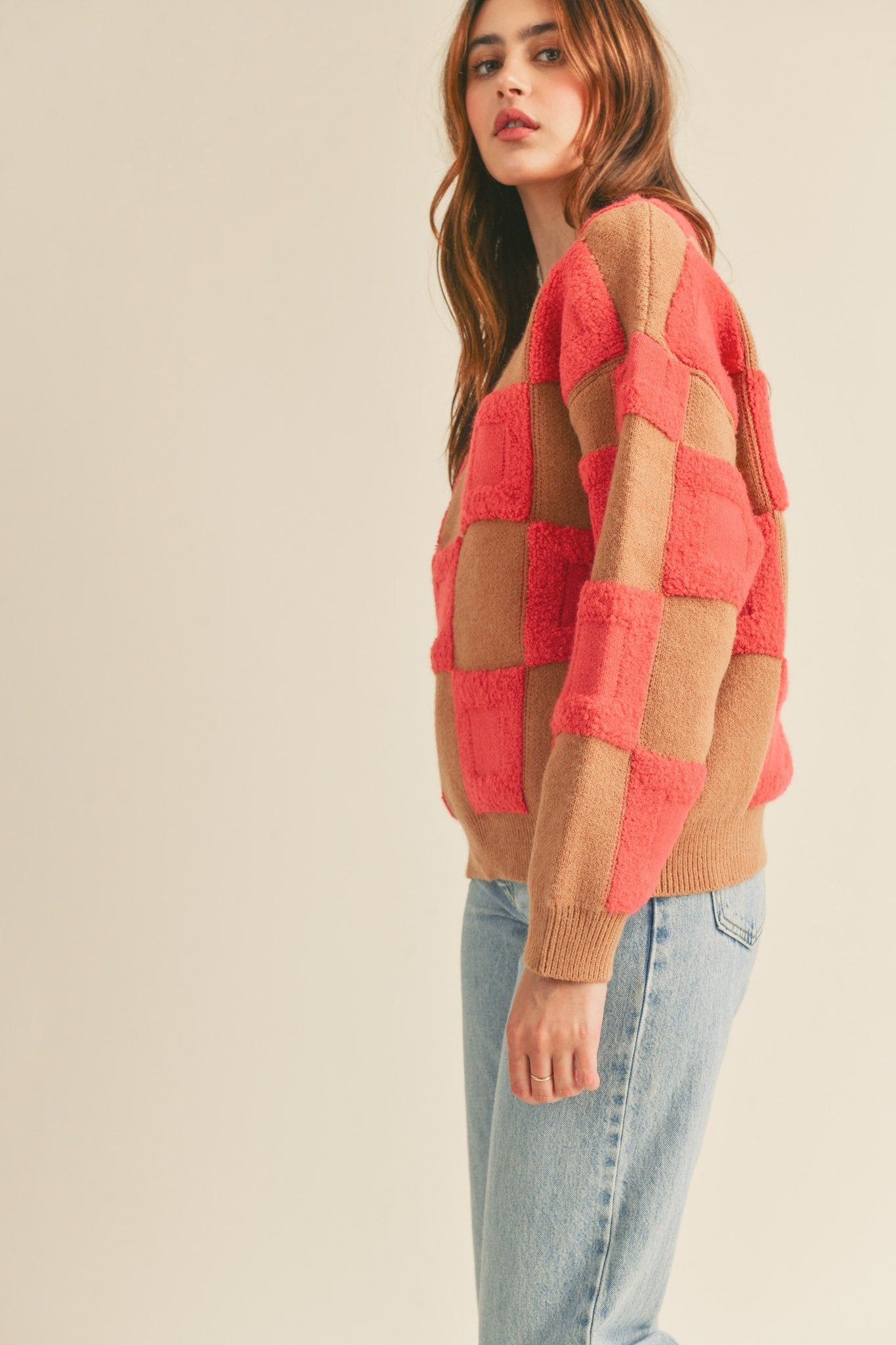 Taupe Magenta Textured Checkered Sweater Pullover sold by Pinkblush product image thumbnail 2