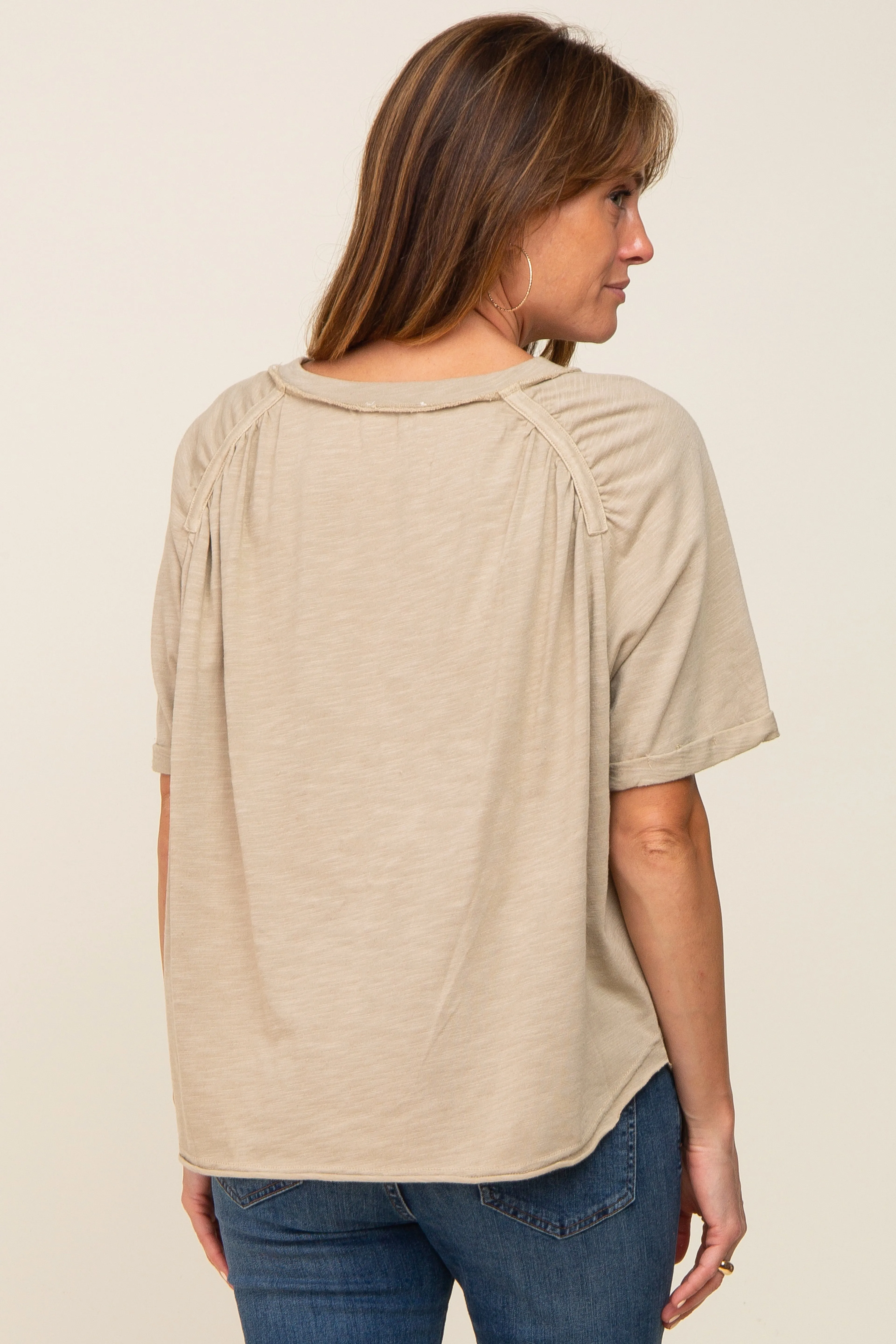 Taupe Front Pocket Raw Edge Trim Short Sleeve Top sold by Pinkblush product image thumbnail 3