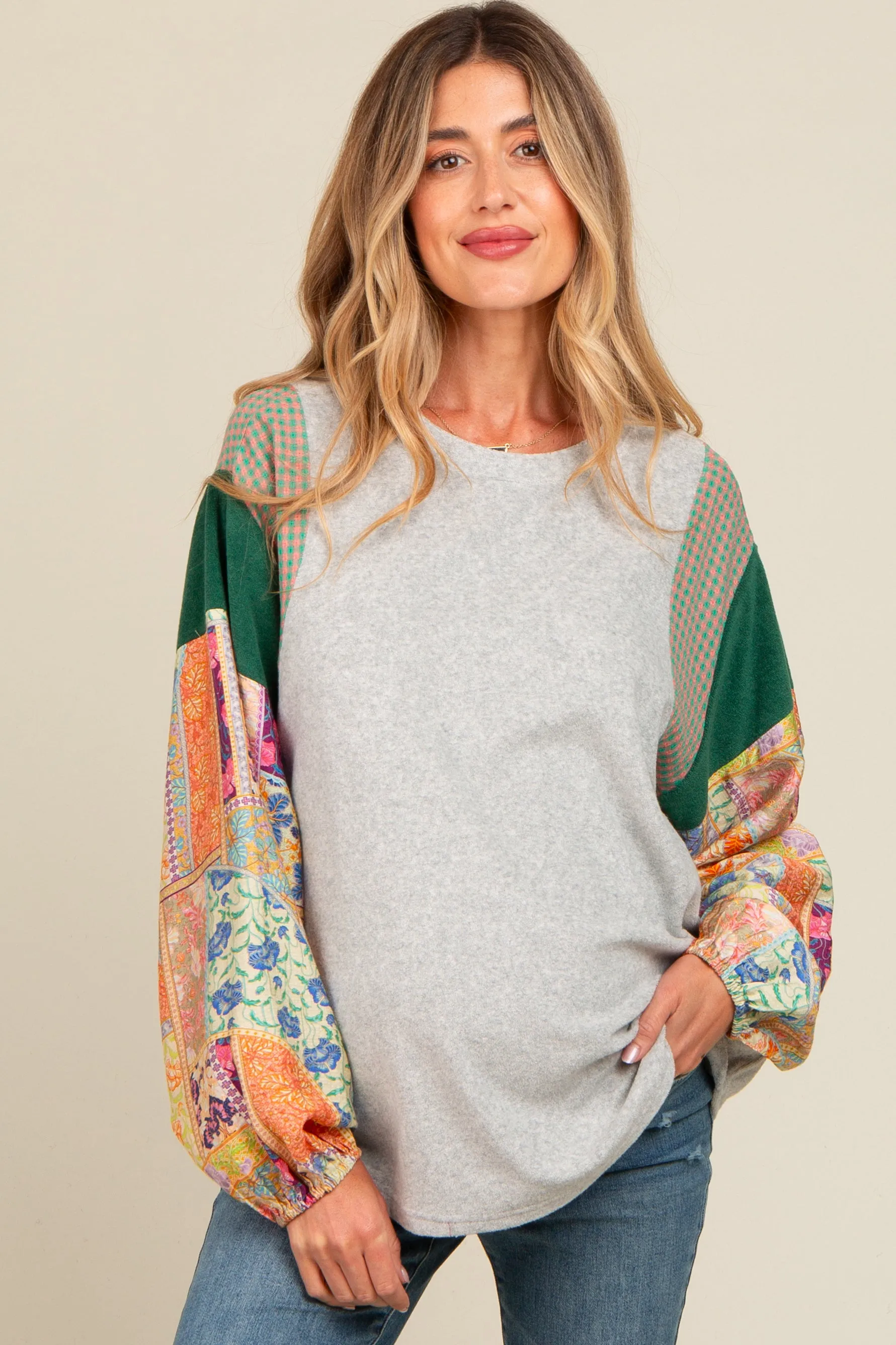 Heather Grey Mixed Print Bubble Sleeve Maternity Top sold by Pinkblush product image thumbnail 2