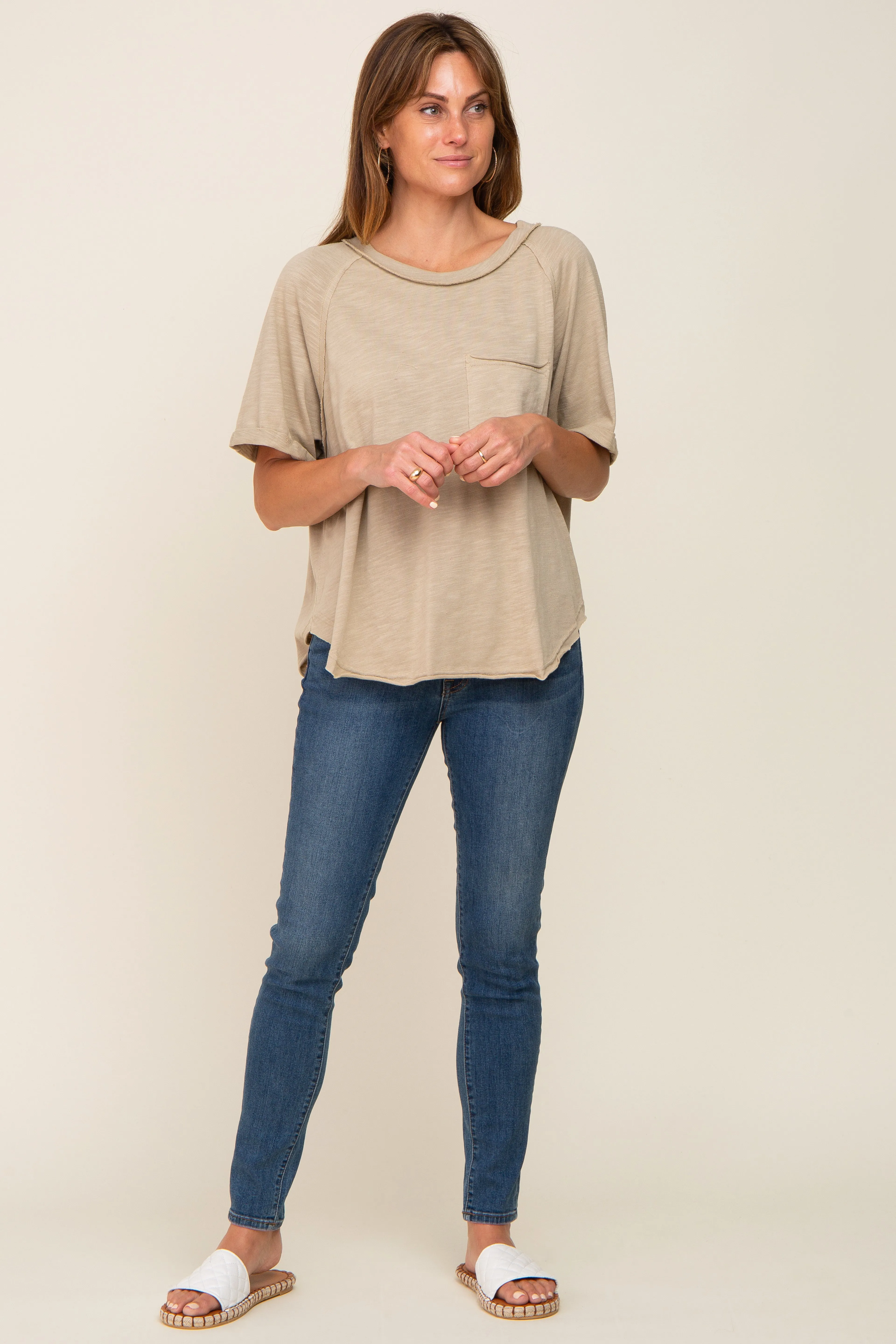 Taupe Front Pocket Raw Edge Trim Short Sleeve Top sold by Pinkblush product image thumbnail 4