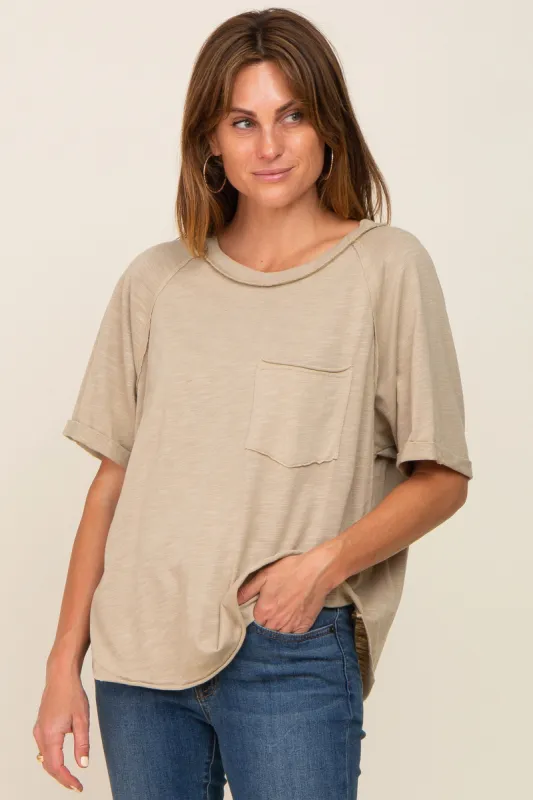 Taupe Front Pocket Raw Edge Trim Short Sleeve Top sold by Pinkblush