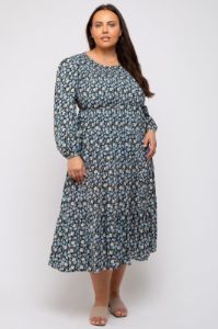 Black Floral Smocked 3/4 Sleeve Plus Midi Dress sold by Pinkblush