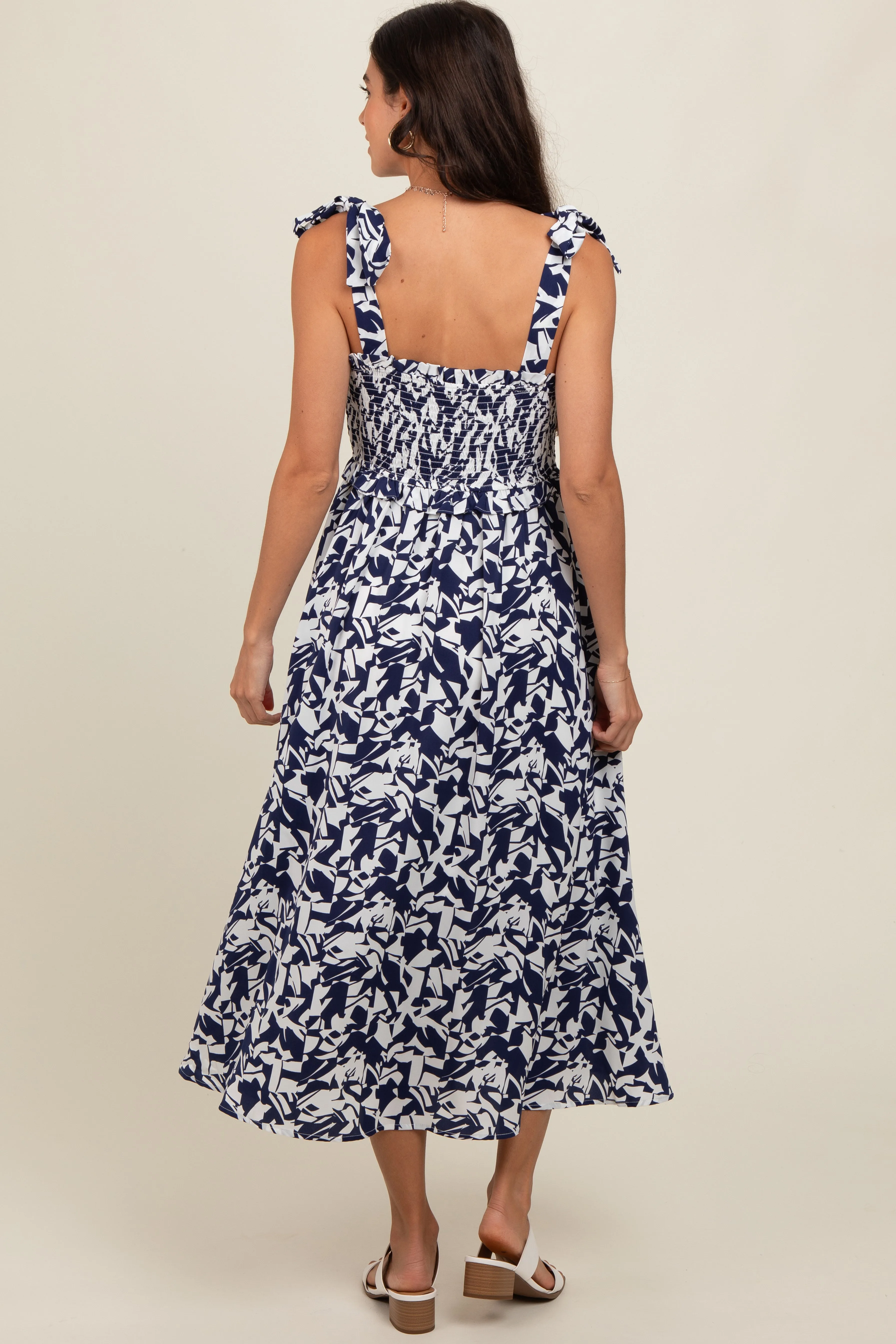 Navy Printed Smocked Shoulder Tie Midi Dress sold by Pinkblush product image thumbnail 4
